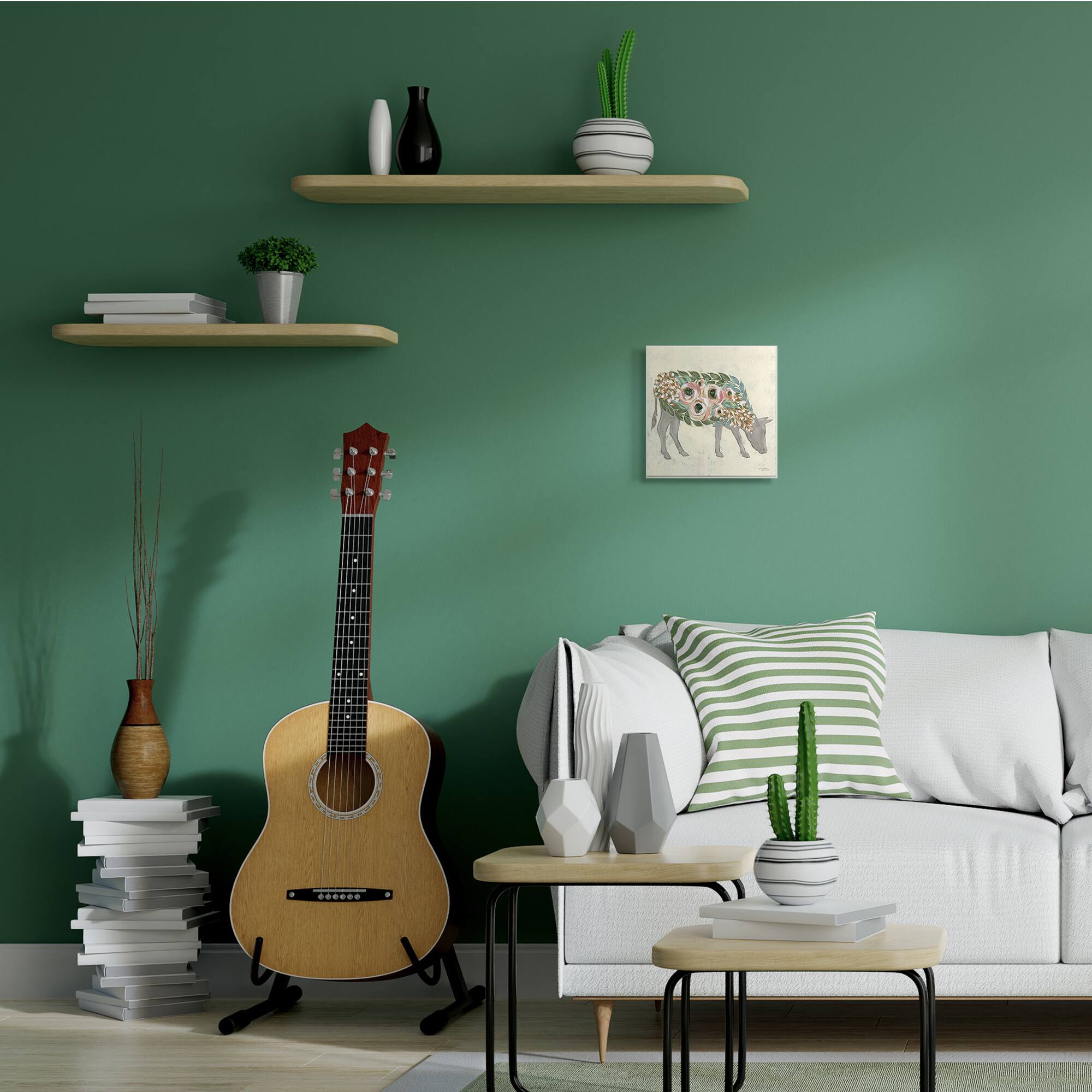 Stupell Industries Rustic Cow Pink Green Floral Body White Framed Wall Art