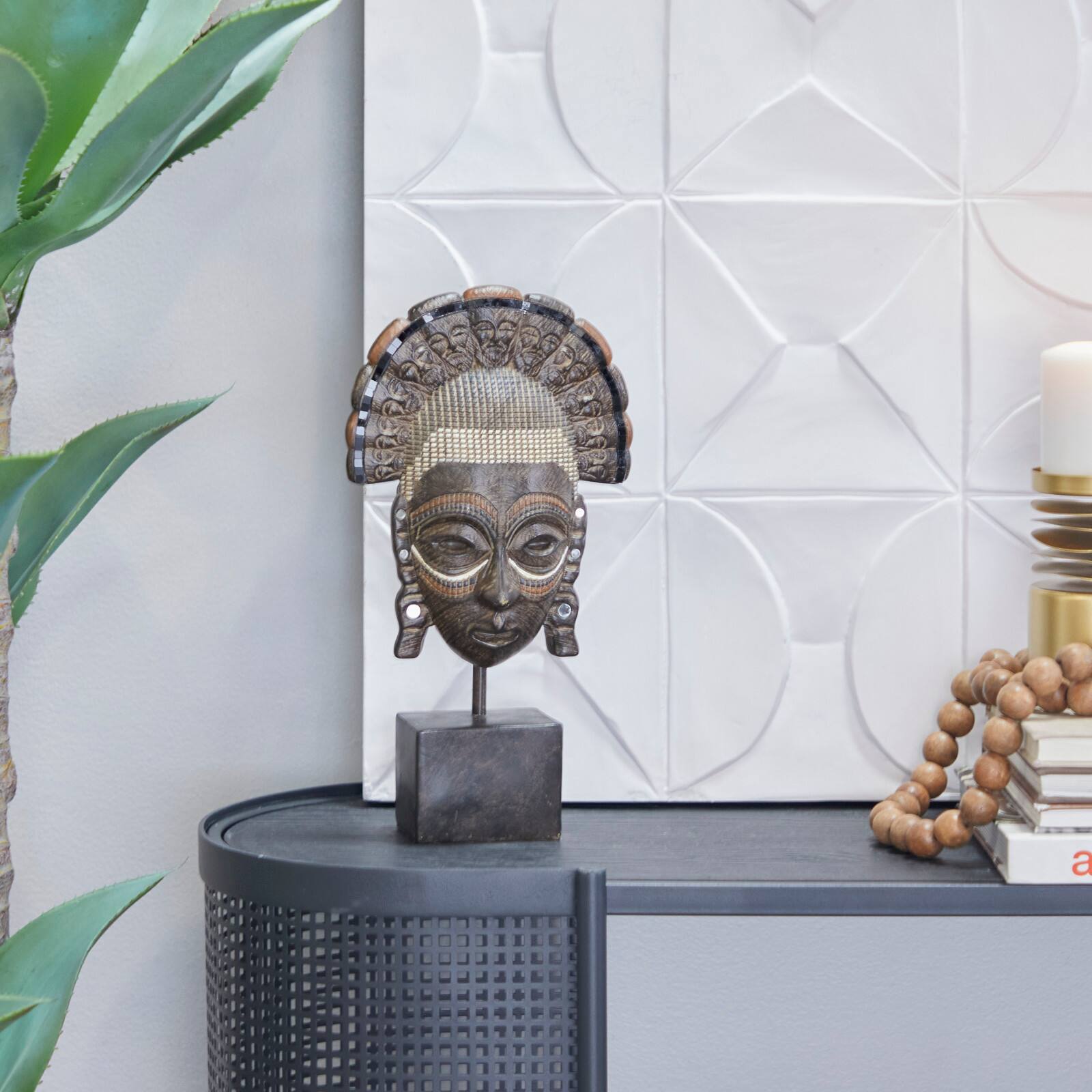 14" Brown Primitive African Mask Sculpture