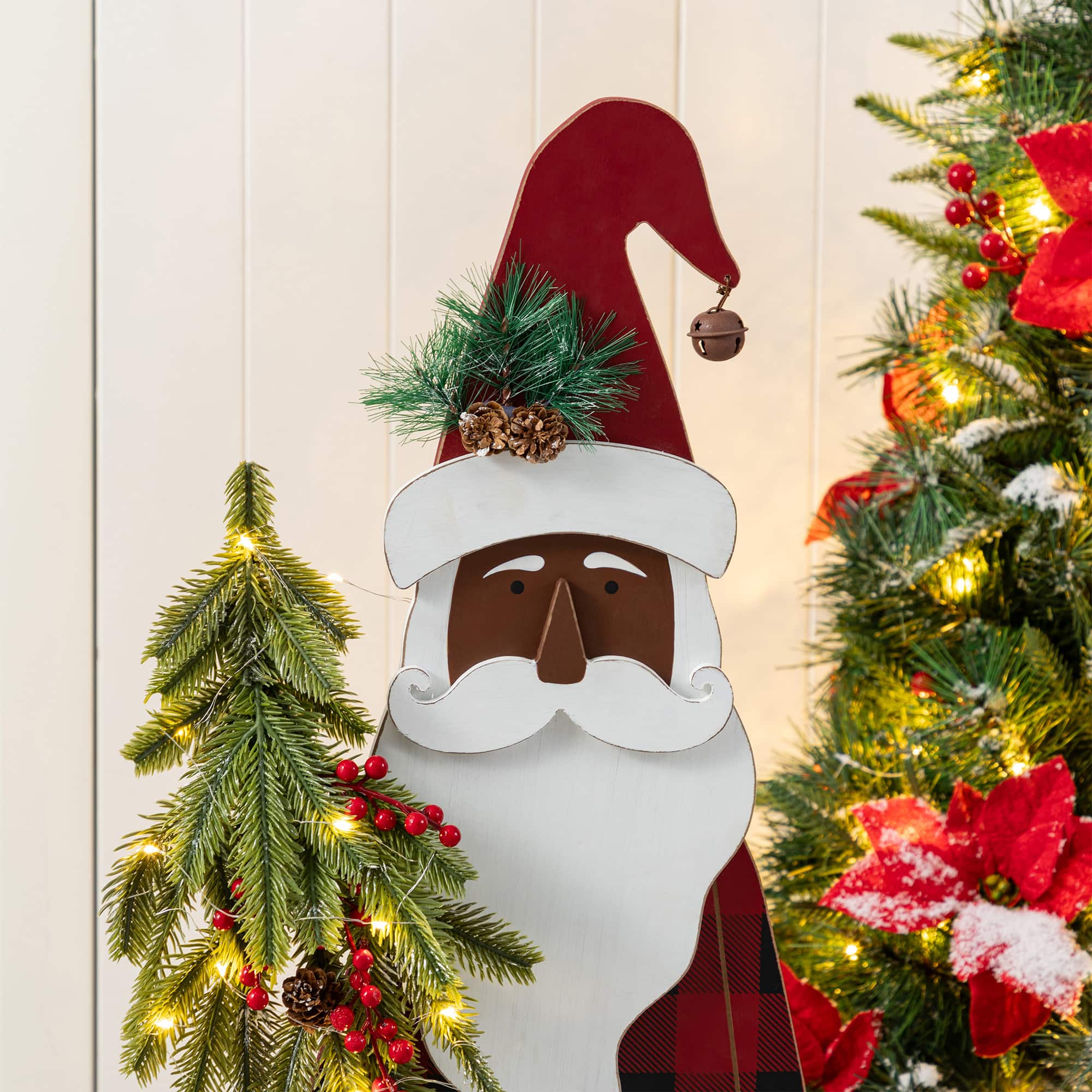 Glitzhome&#xAE; 35.75&#x22; Lighted Wooden Africa Santa Porch Decor with Timer