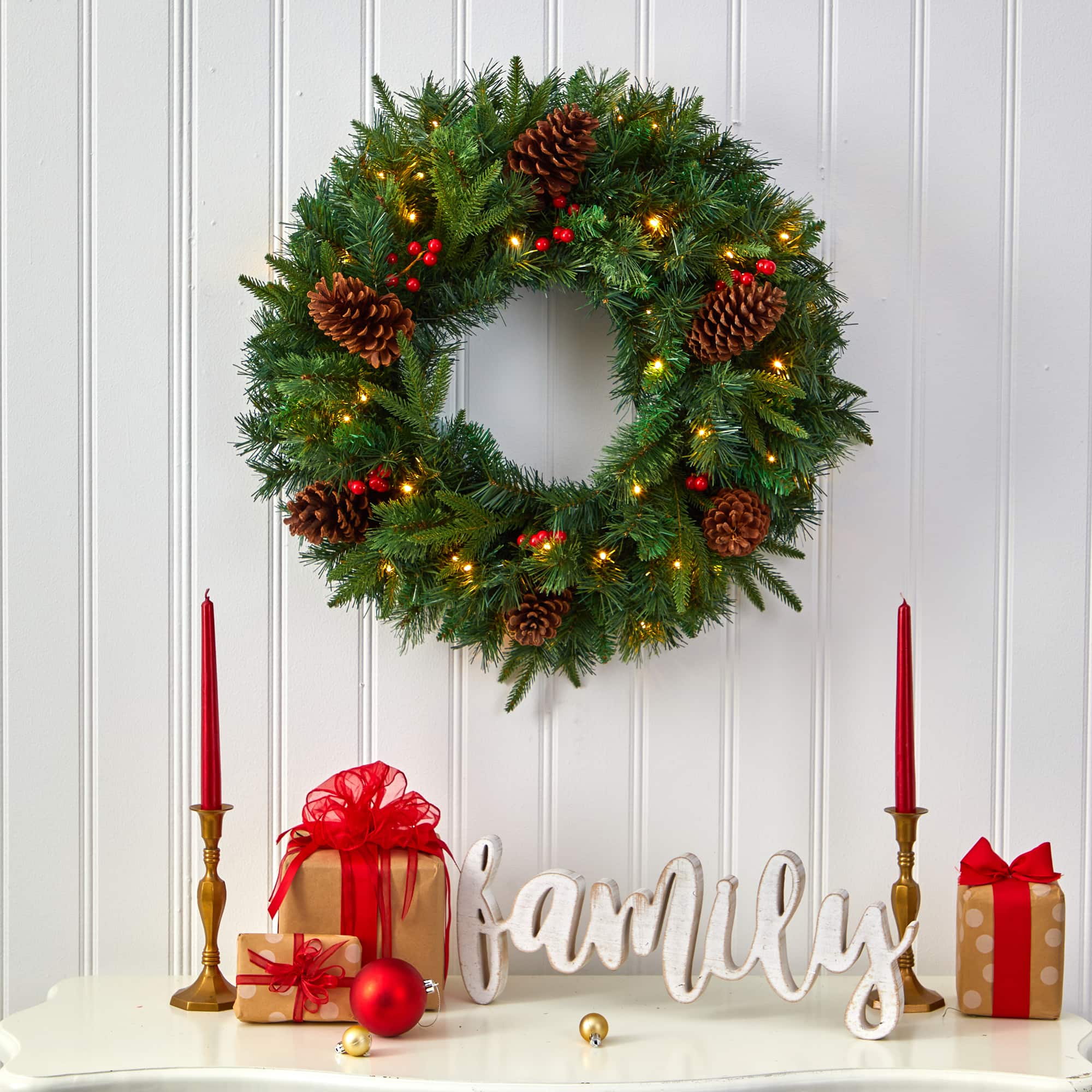 24" Clear LED Mixed Pine & Berries Christmas Wreath