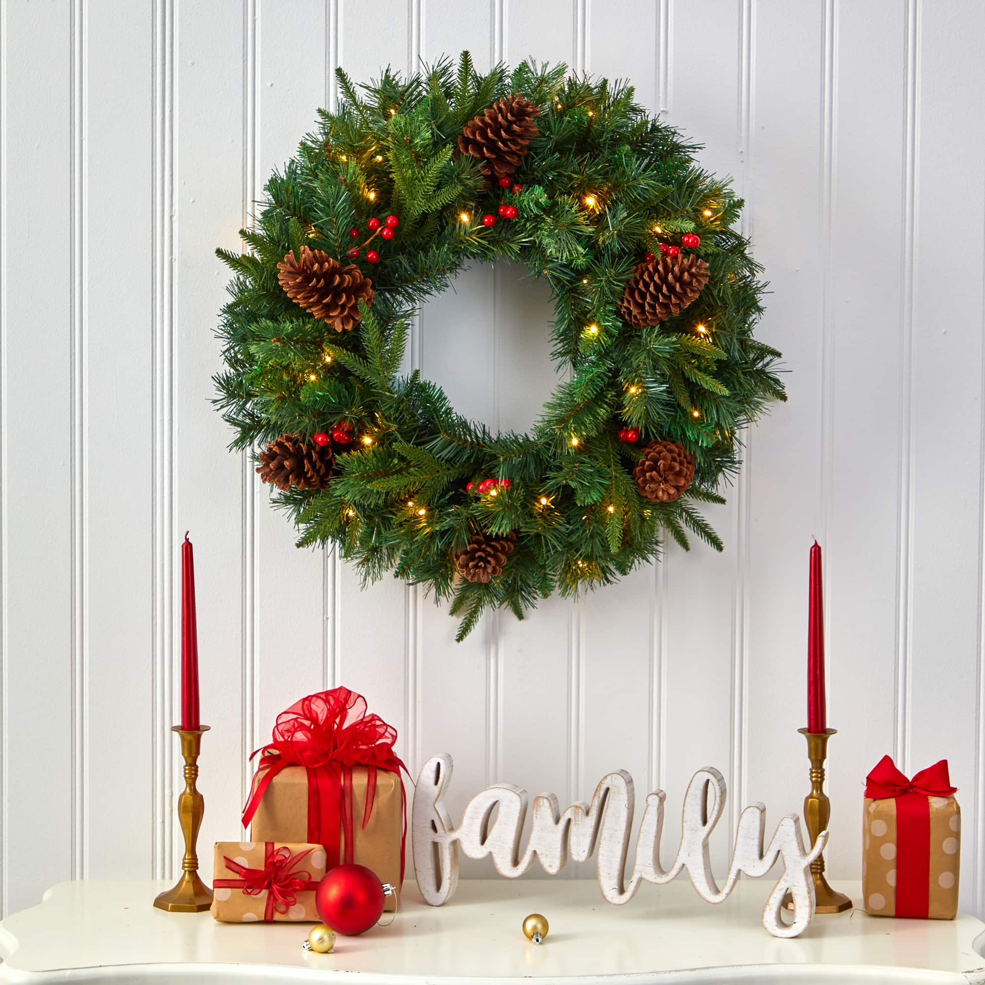 24&#x22; Clear LED Mixed Pine &#x26; Berries Christmas Wreath