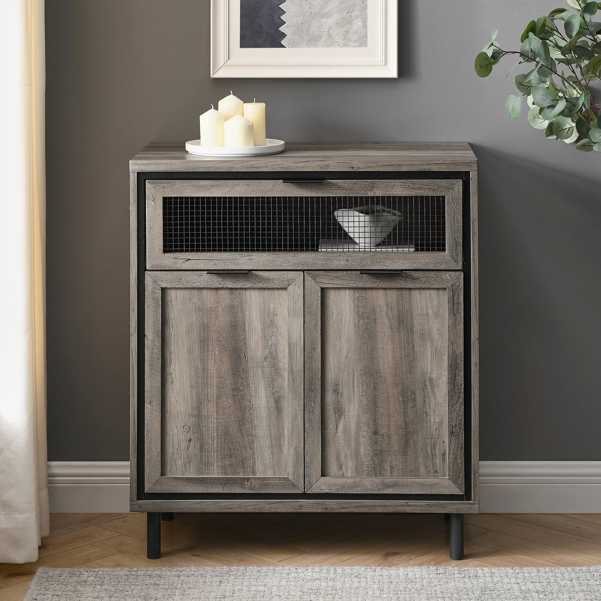 Walker Edison Gray Wash Mesh Metal Accent Cabinet