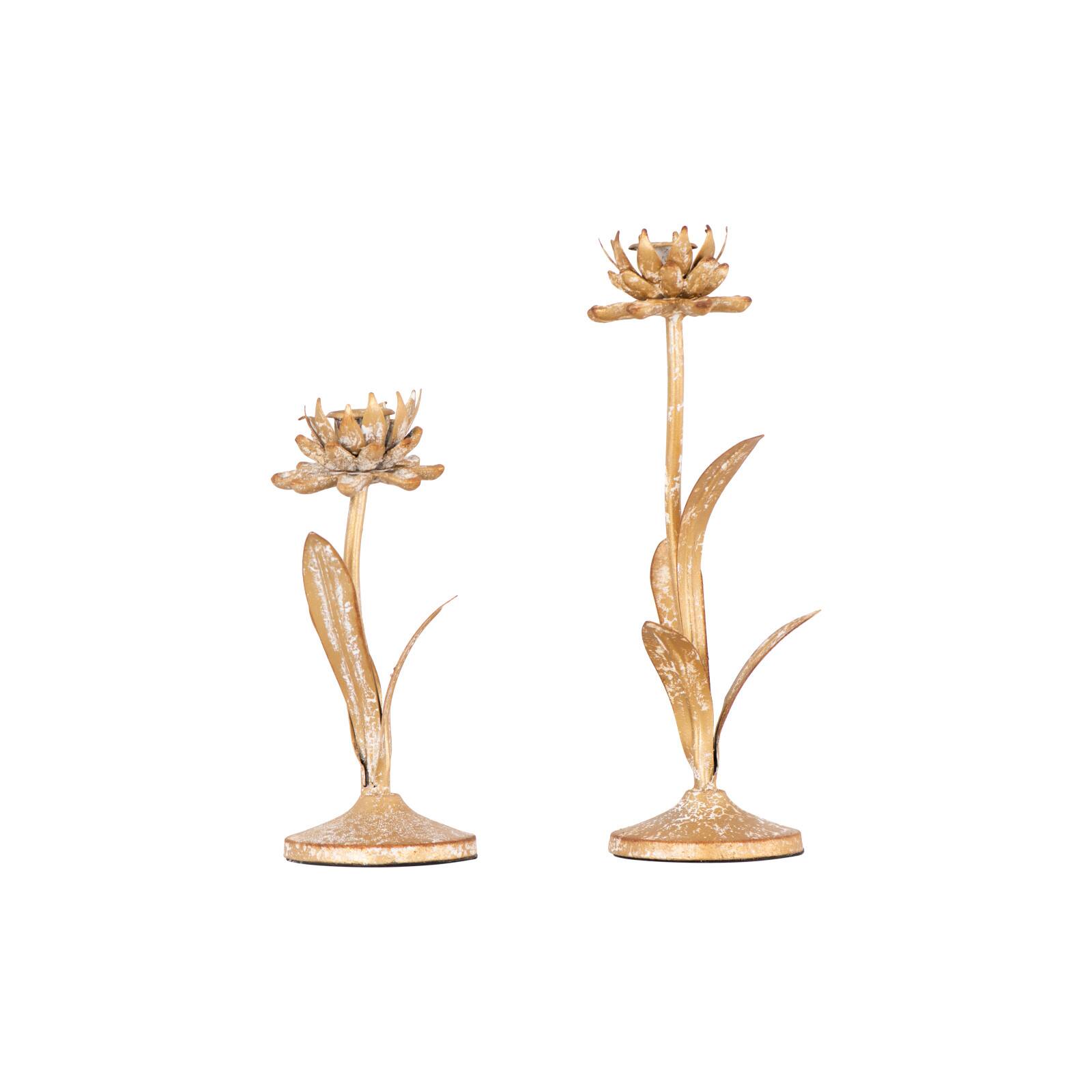 Gold Metal Flower Shaped Taper Candle Holder Set