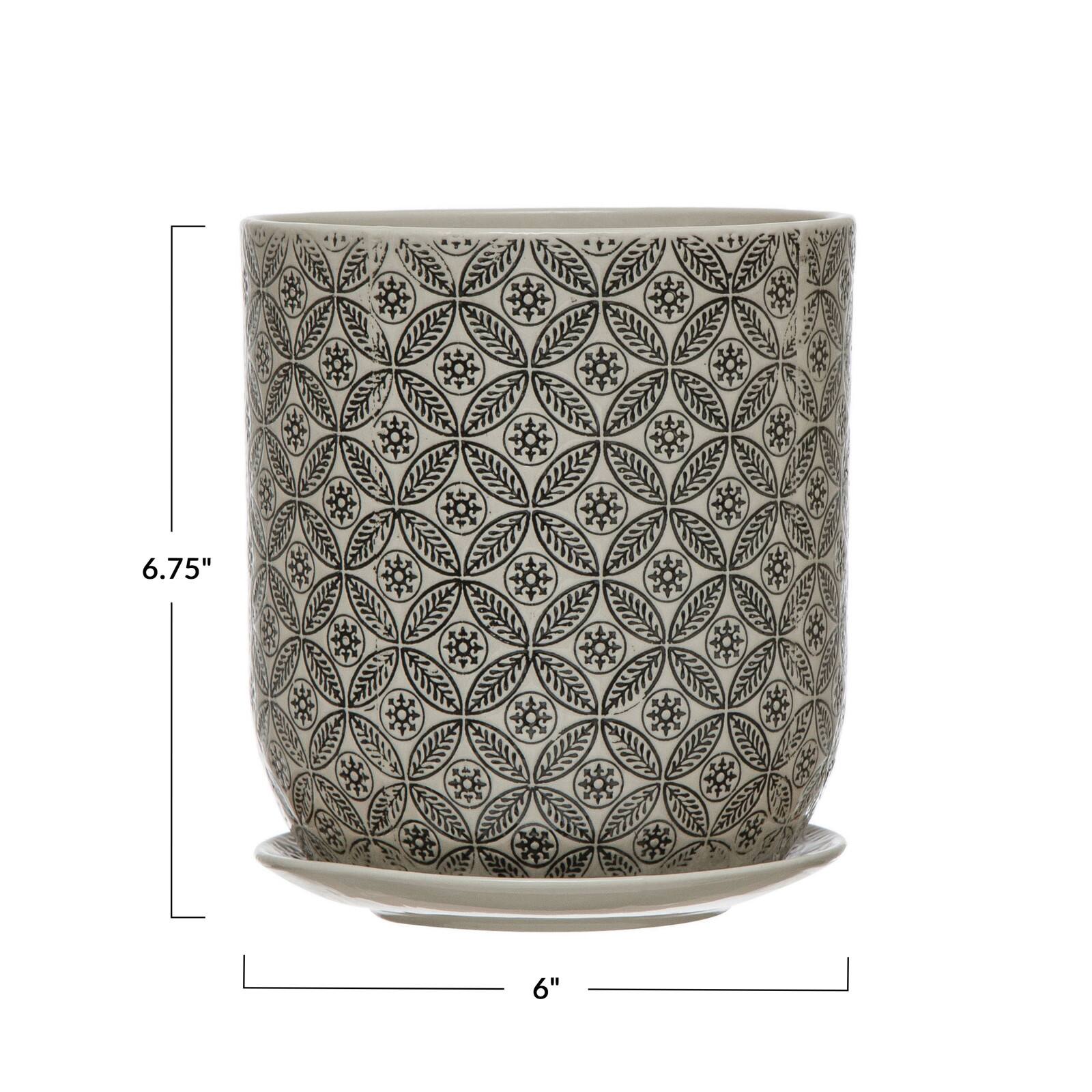 Hello Honey® 7" Black & Cream Hand-Stamped Pattern Stoneware Pot & Saucer Set