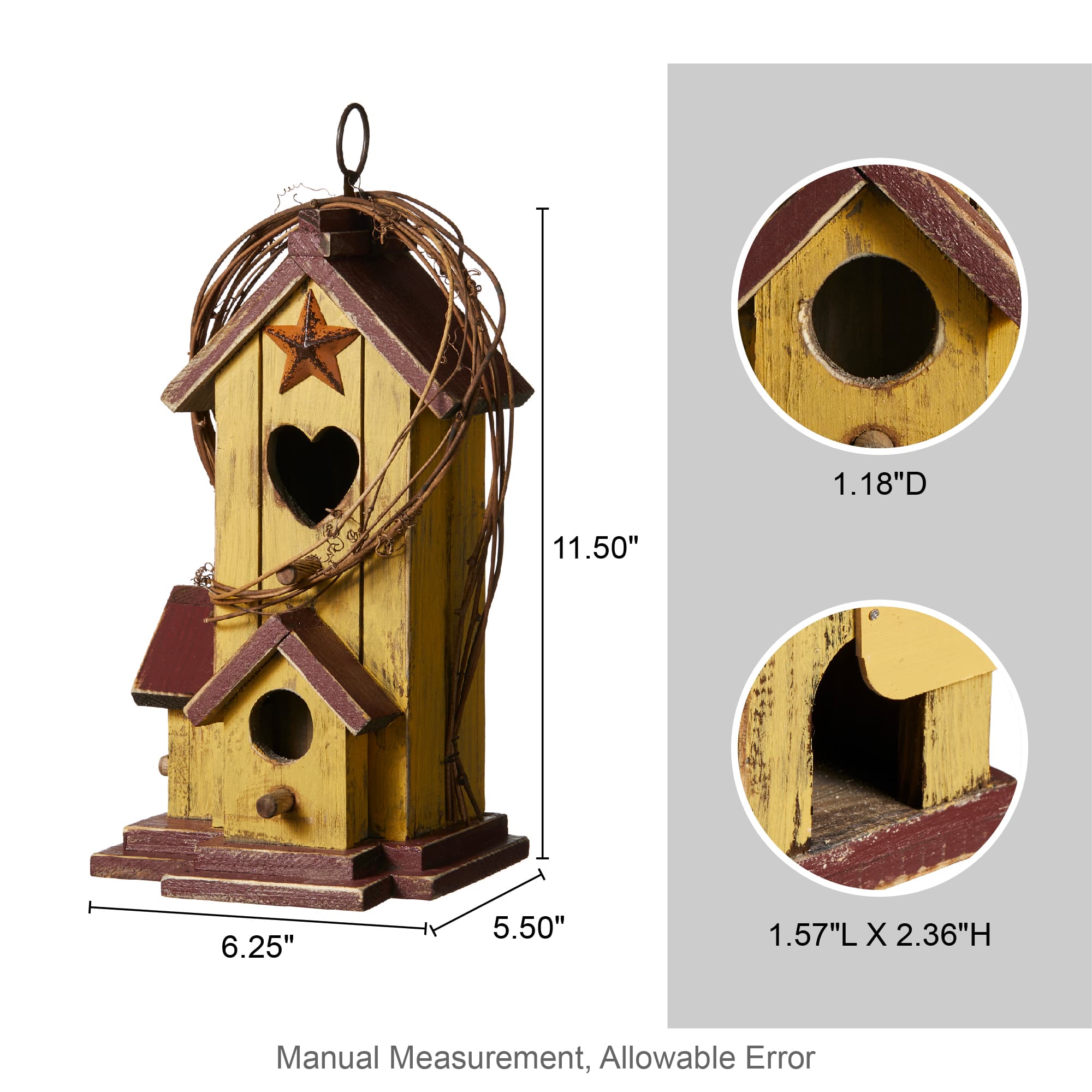 Glitzhome&#xAE; 11.5&#x22; Yellow Washed with Rattan Distressed Wood Cottage Birdhouse