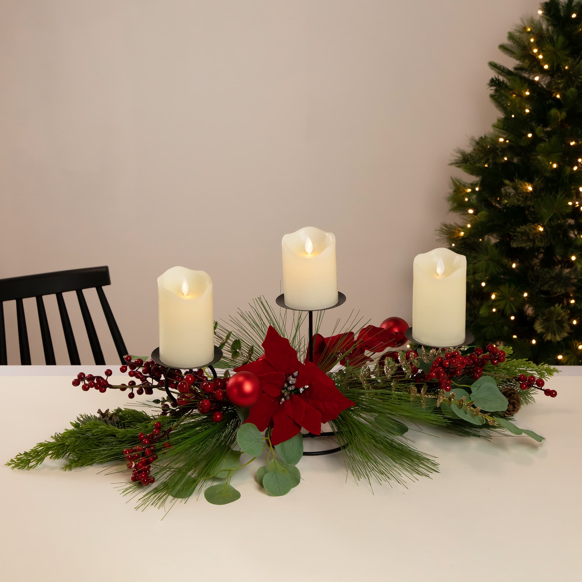 32" Triple Candle Holder With Red Berry & Poinsettia Christmas Décor