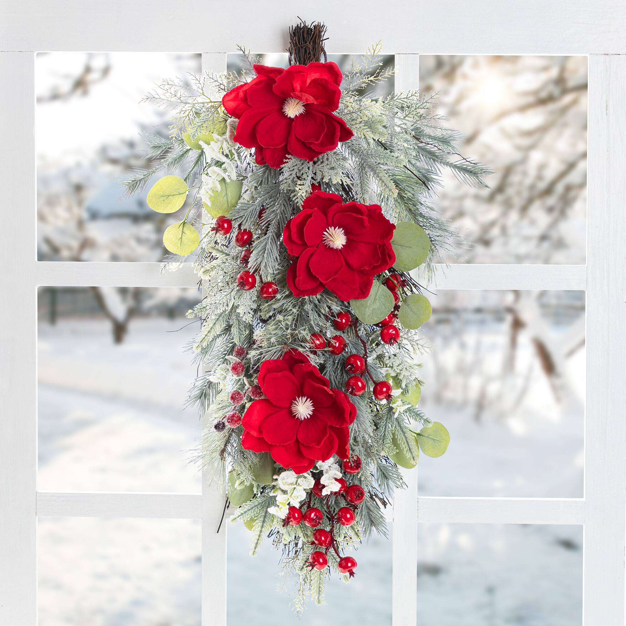 Glitzhome® 28"H Christmas Red Mangnolia & Berry Teardrop