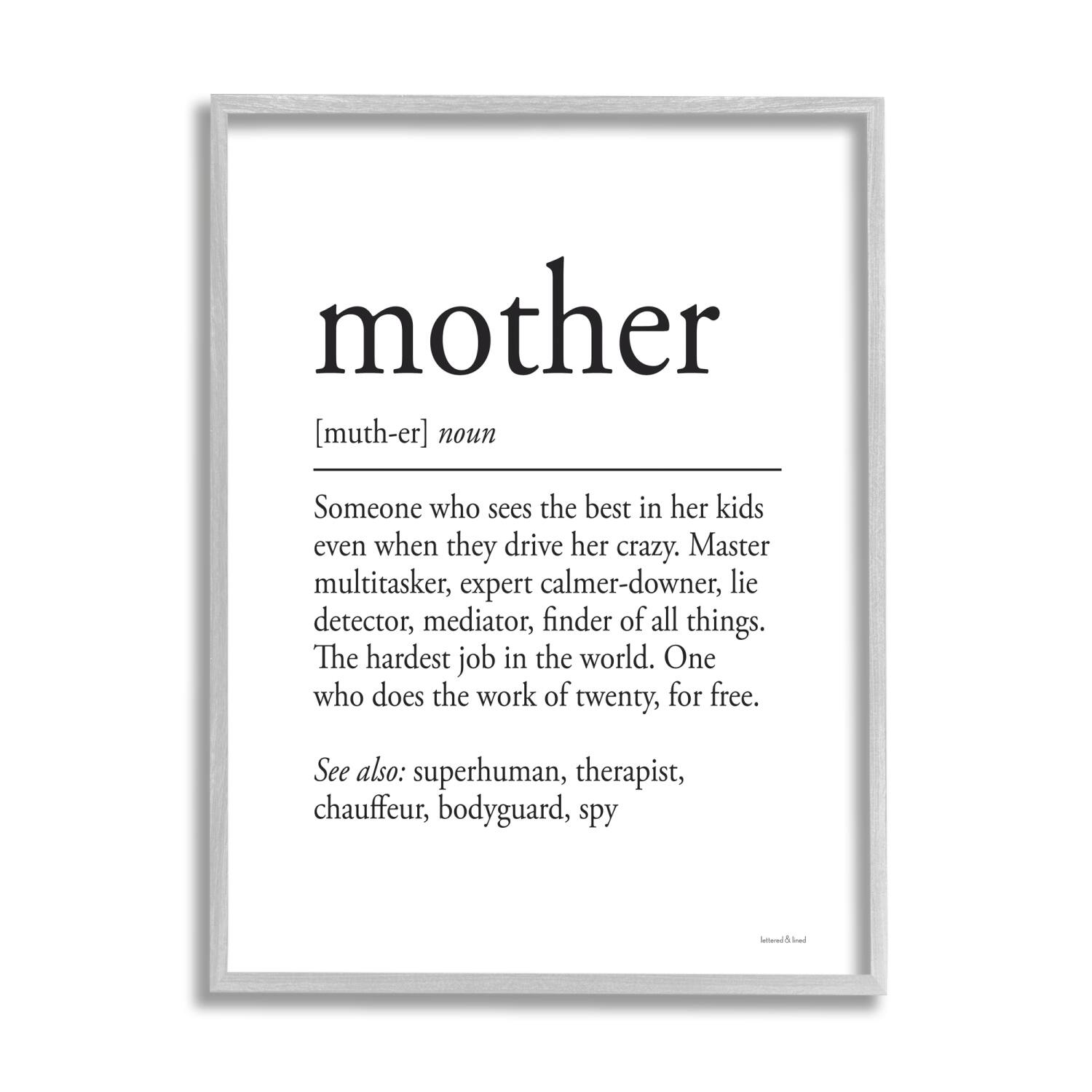 Stupell Industries Mother Definition Funny Motivational Phrase Superhuman Synonym Framed Giclee Art