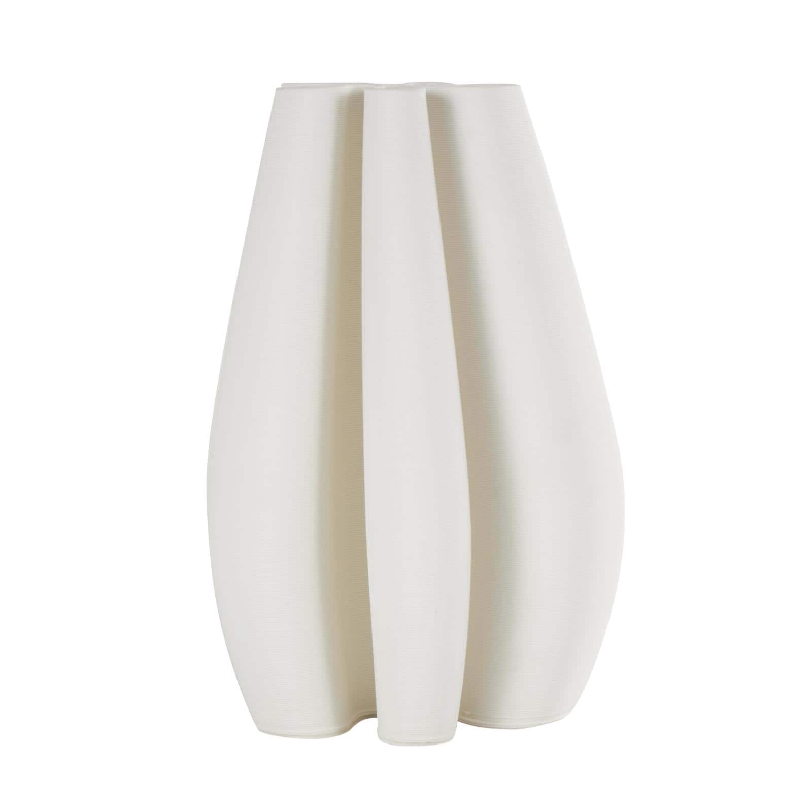 White Ceramic Abstract Ribbed Dimensional Concaved Vase with Floral Shaped Rim