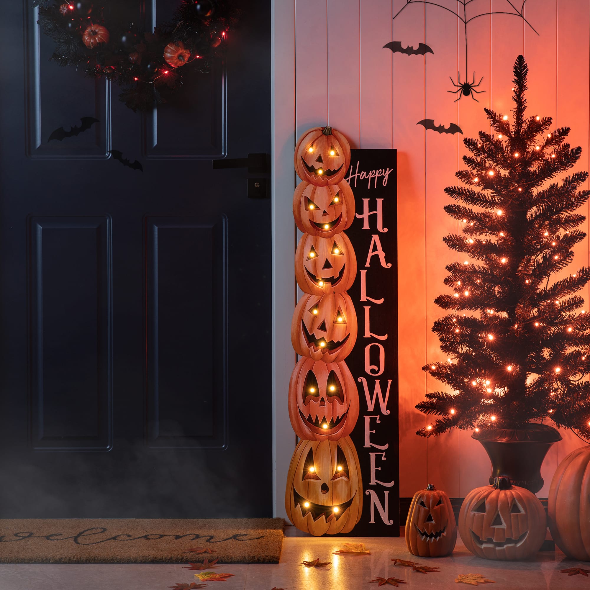 Glitzhome&#xAE; 42&#x22; Lighted Halloween Wooden Stacked Pumpkins Porch Sign with Timer