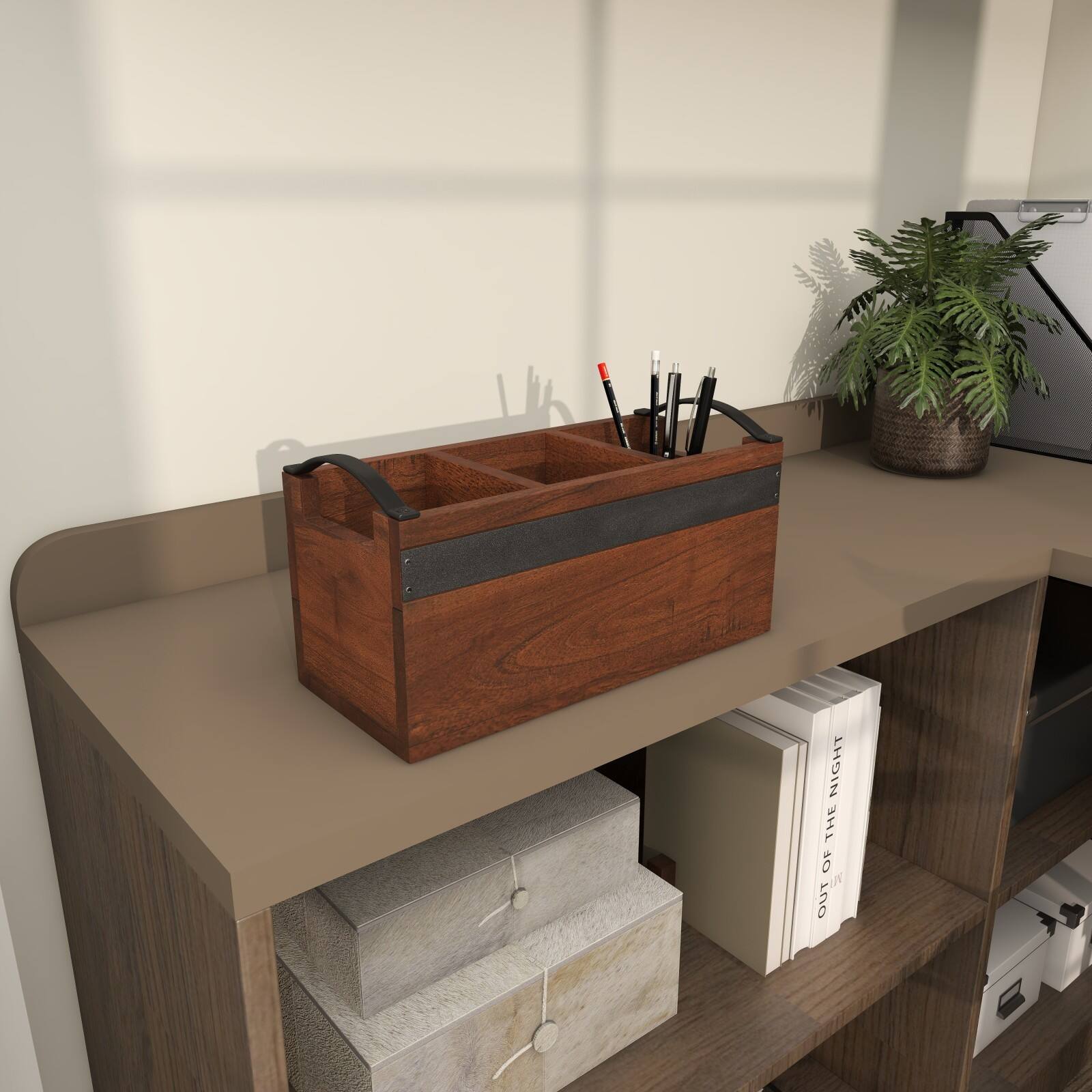 11.5" Brown Wood Modern 3 Section Decorative Tray with Metal Handles