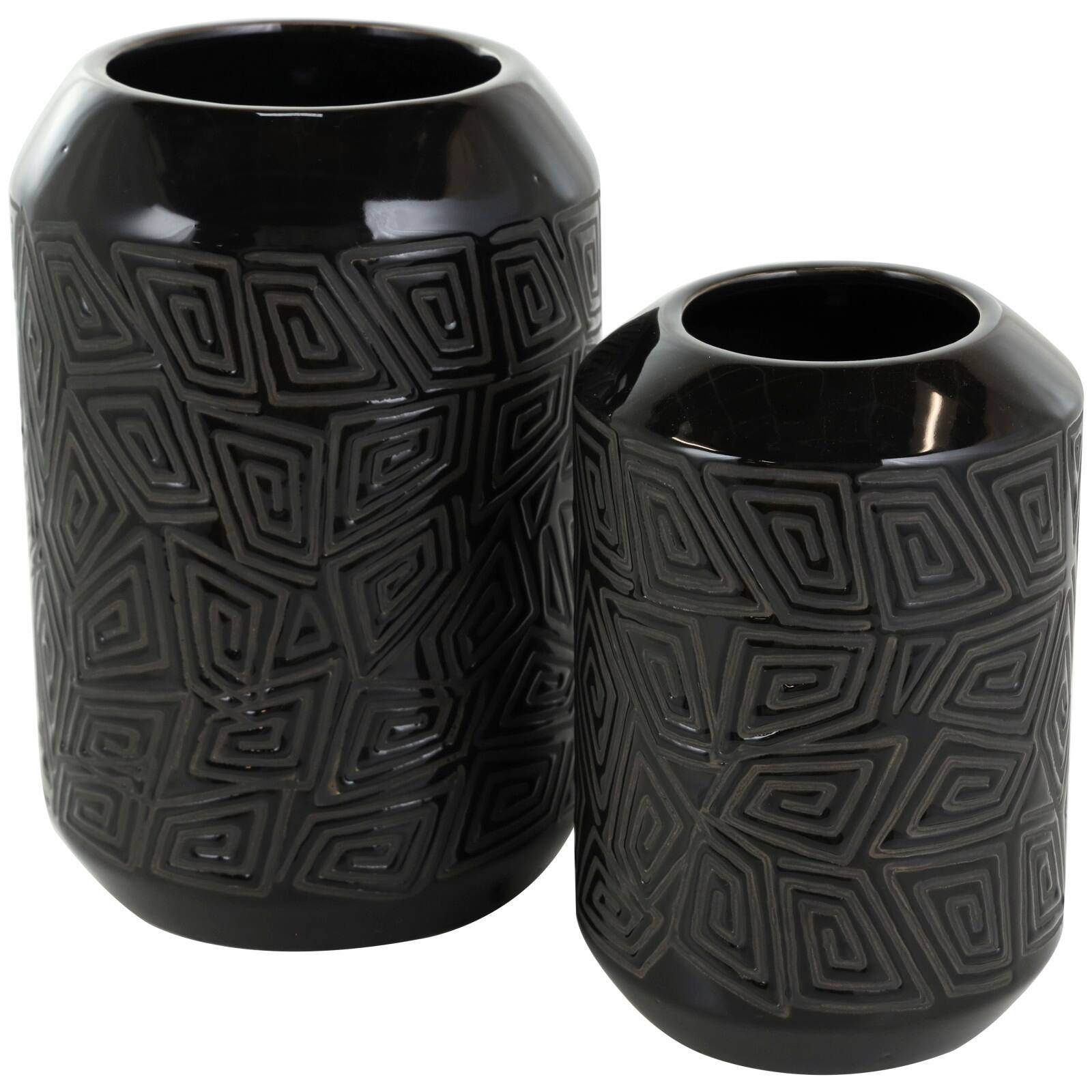 Black Ceramic Vase with Geometric Etchings Set