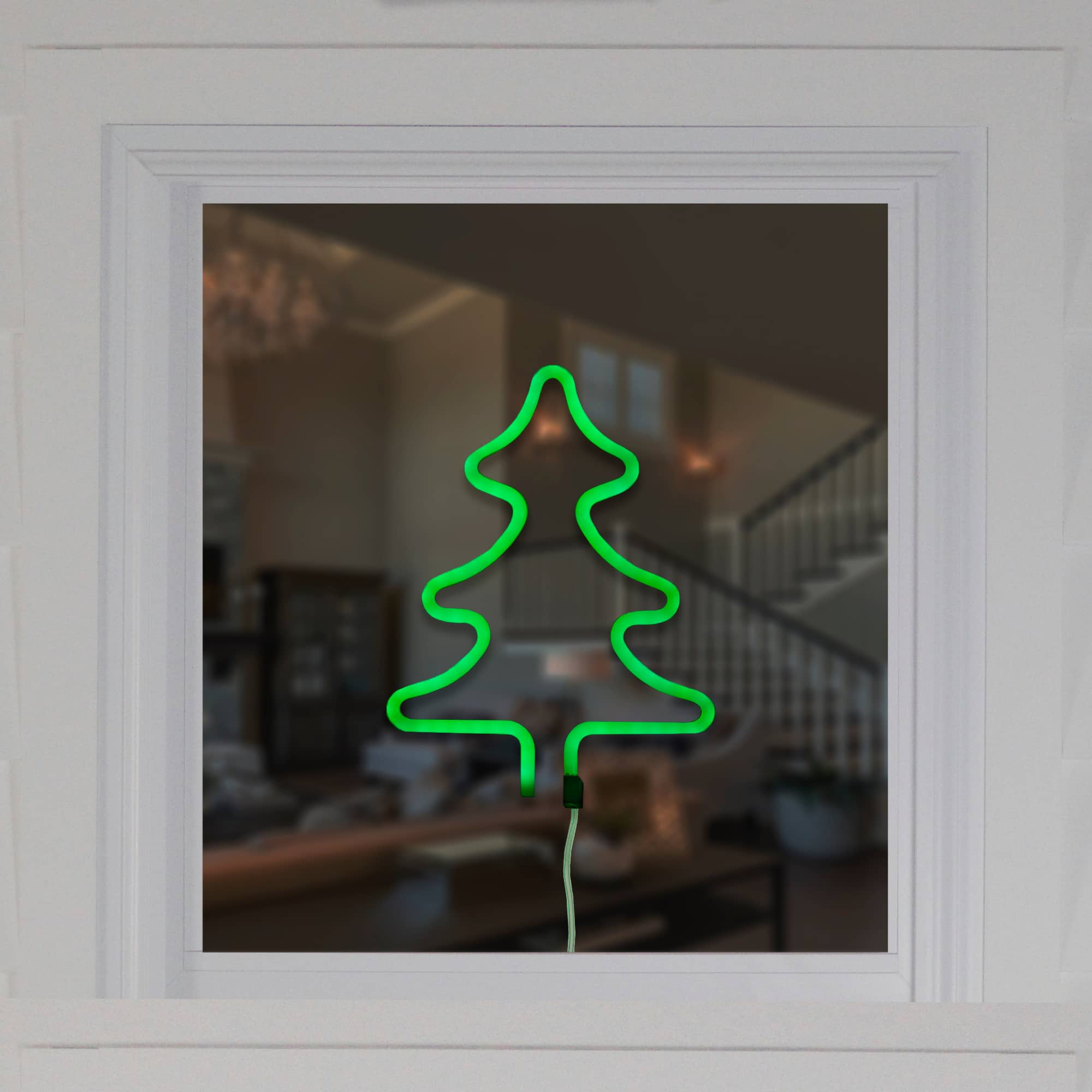 9.5&#x22; Green Neon LED Christmas Tree Window Silhouette