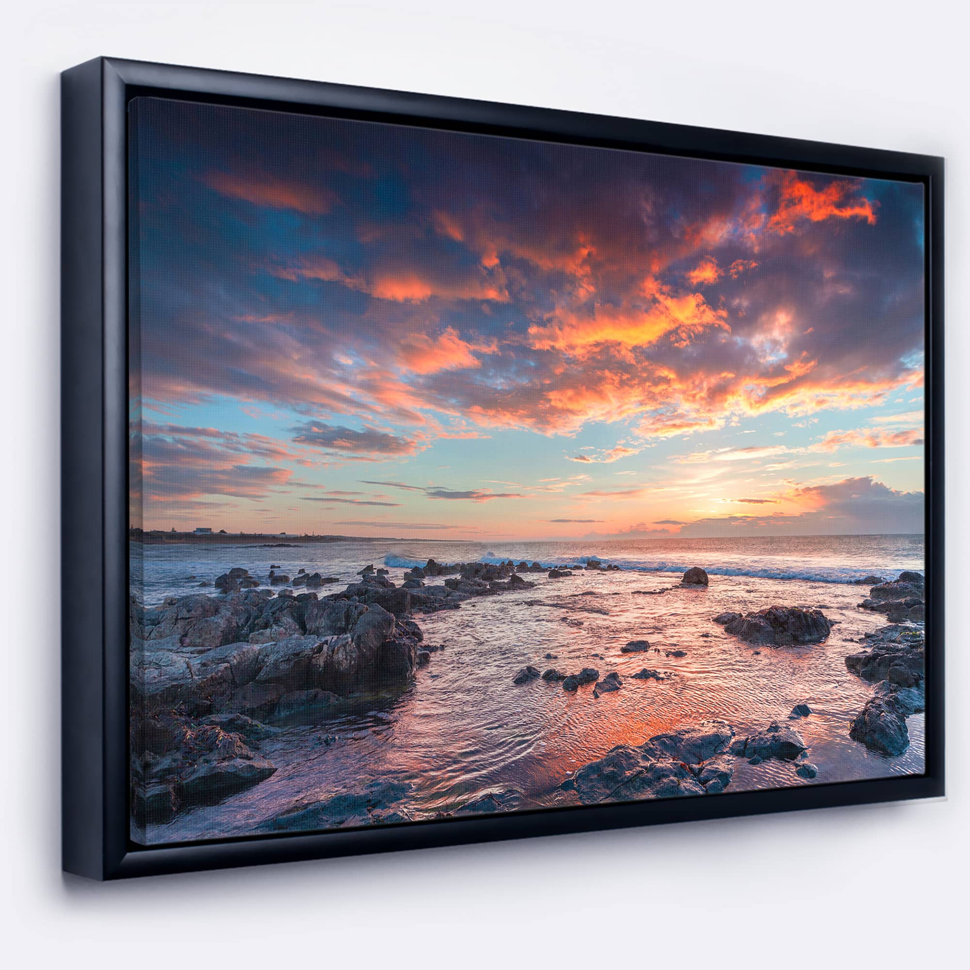 Designart - Passero Cape Spring Sunrise - Seashore Photo Canvas Art Print in Black Frame