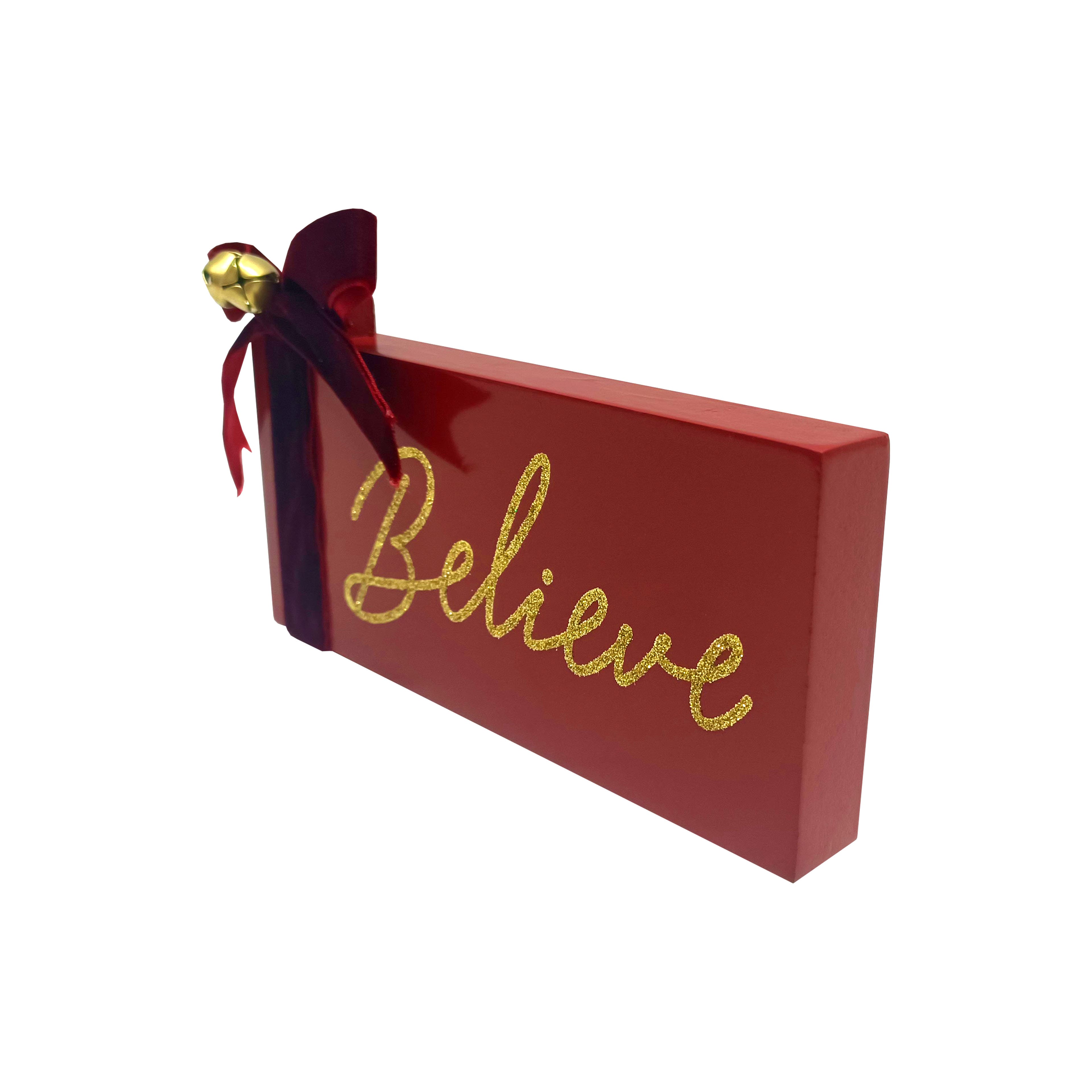 7&#x22; Red &#x26; Gold Believe Block with Bow Tabletop D&#xE9;cor by Ashland&#xAE;