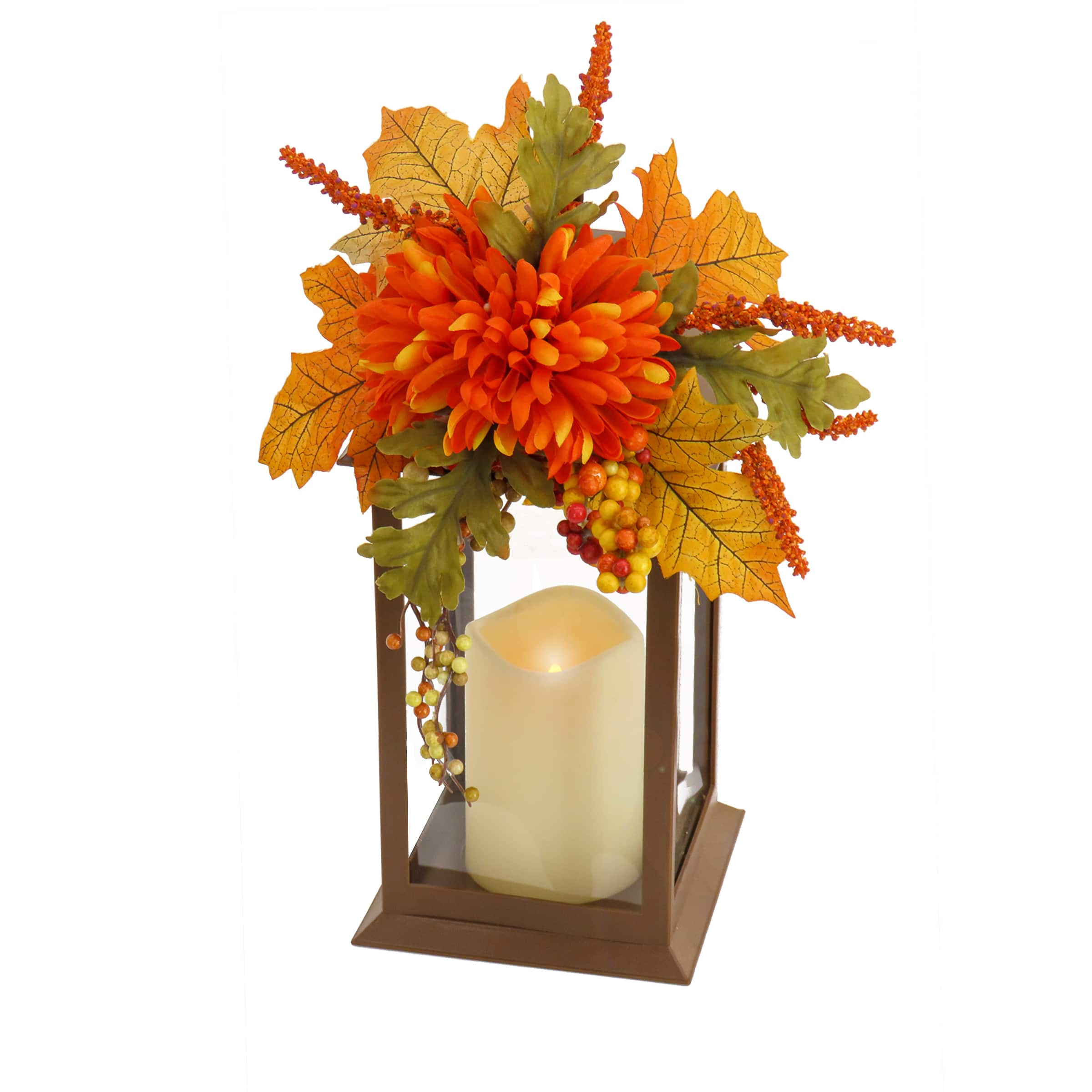14" Battery-Operated LED Harvest Lantern with Mum Flower