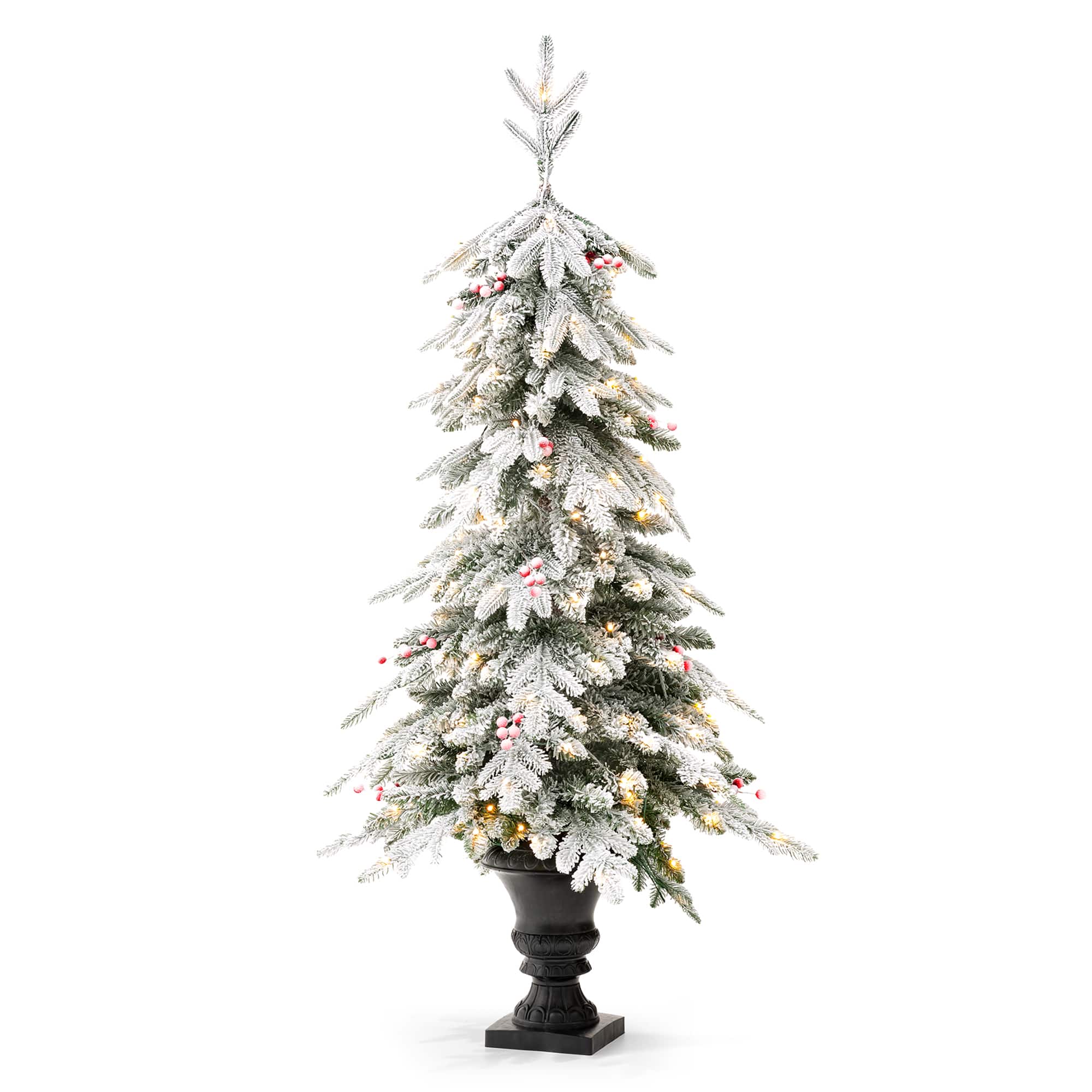 5ft. Pre-Lit Flocked Berry Fir Artificial Christmas Porch Tree in Urn, Warm White Lights