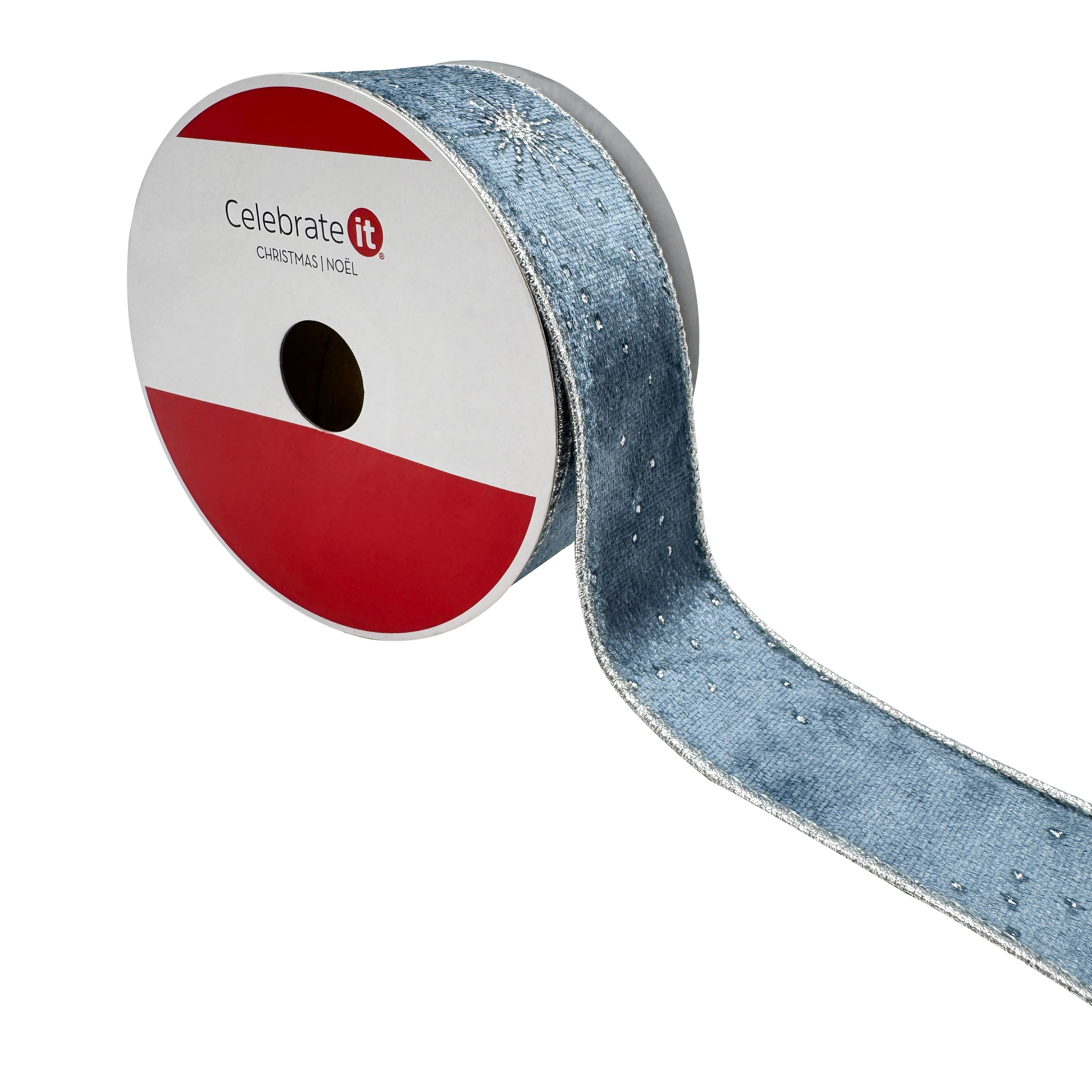 1.5&#x22; x 30ft. Silver Starburst on Blue Wired Velvet Ribbon by Celebrate It&#xAE;