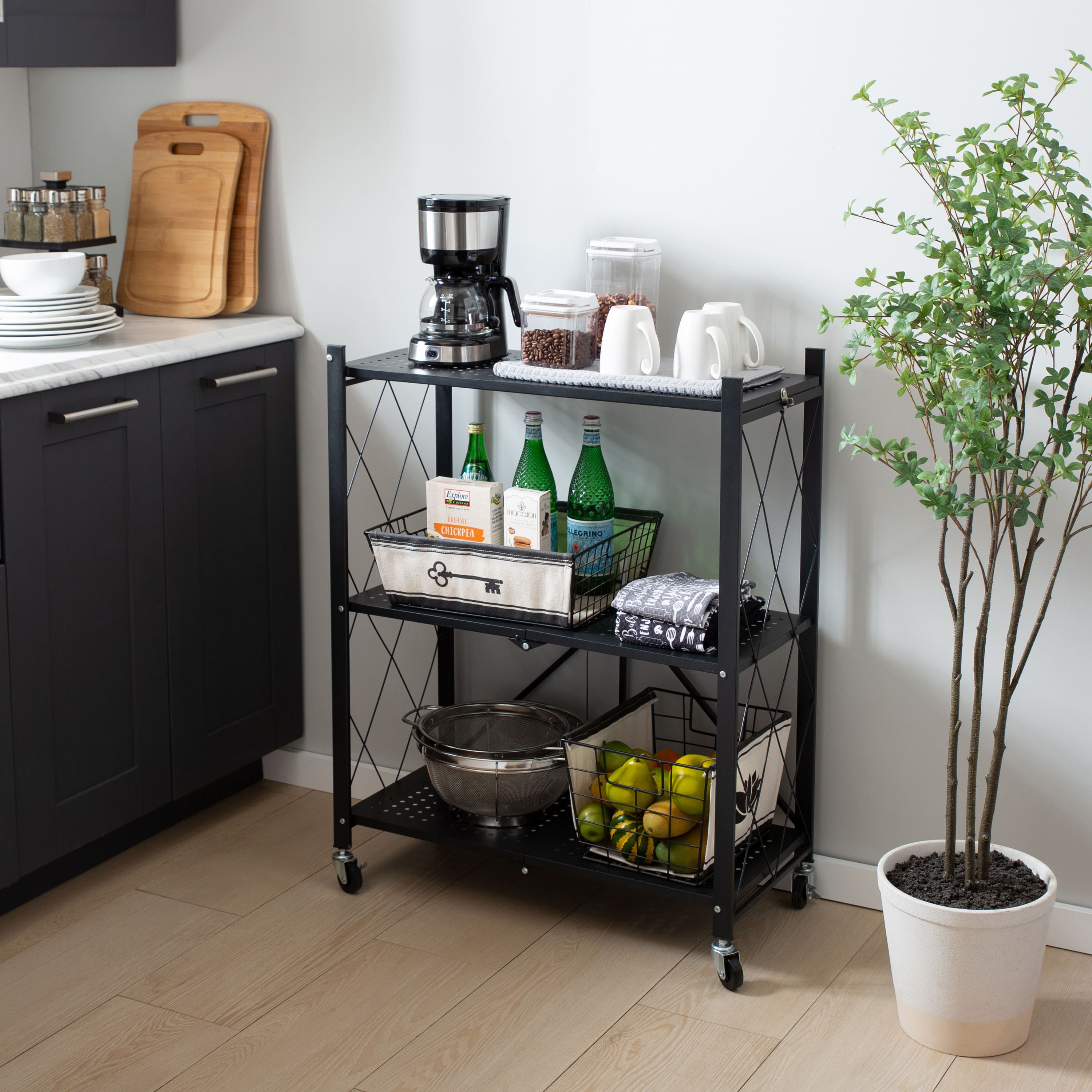 Organize It All Black 3-Tier Foldable Metal Rack with Wheels