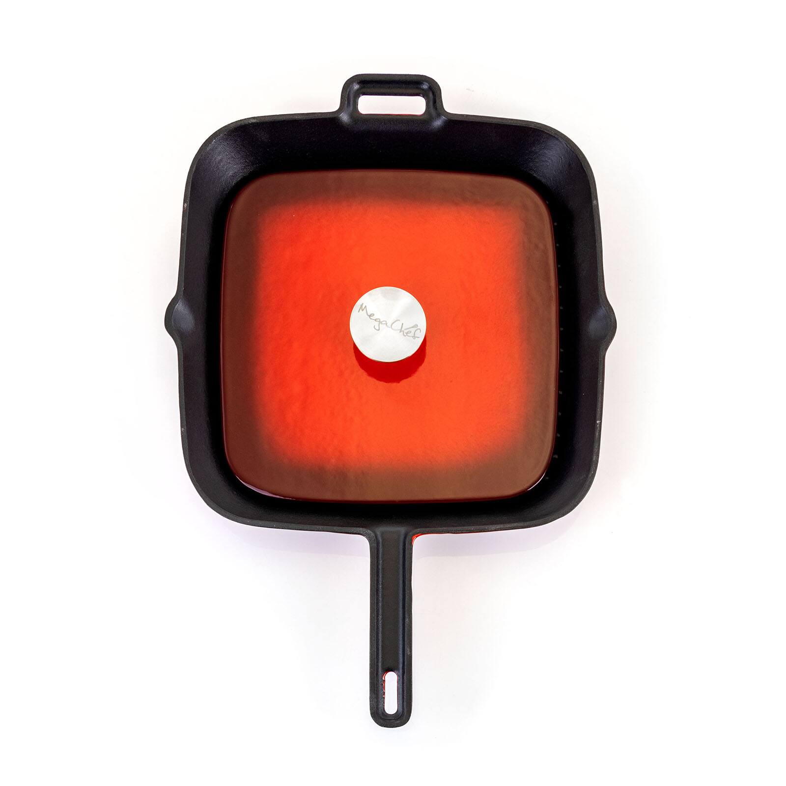 MegaChef 11&#x22; Square Red Enamel Cast Iron Grill Pan with Matching Grill Press