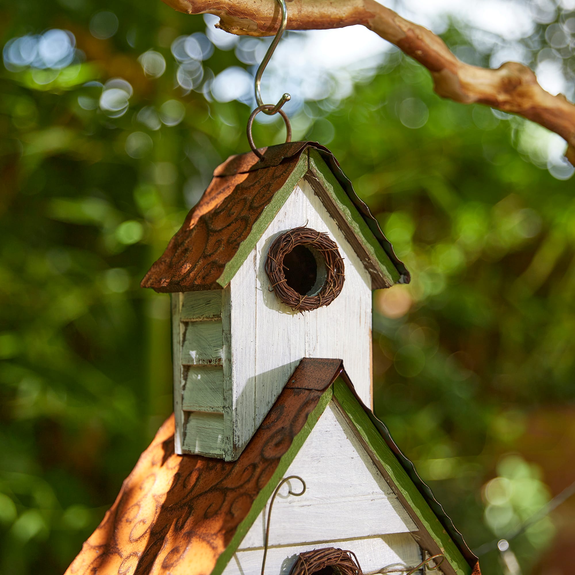 Glitzhome® 20" White & Green Distressed Wood 3-Story Villa Birdhouse