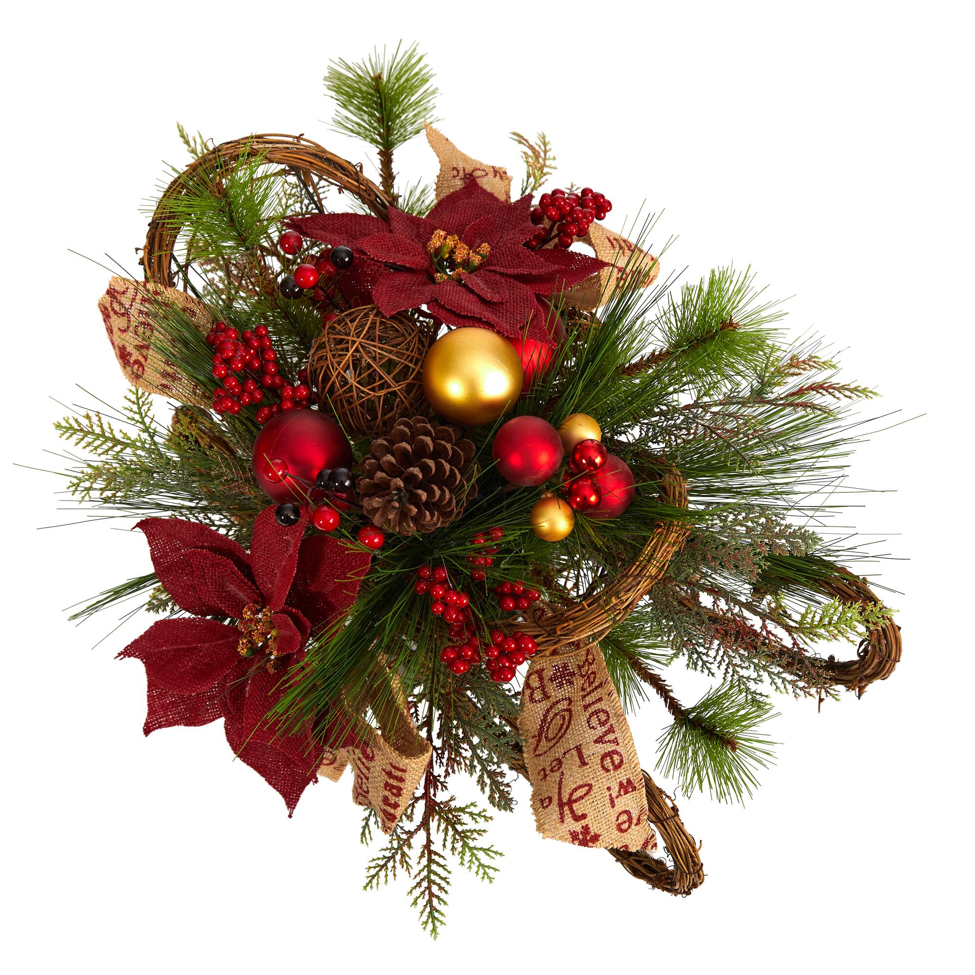 18" Christmas Sleigh with Poinsettia, Berries & Pinecone Artificial Arrangement with Ornaments