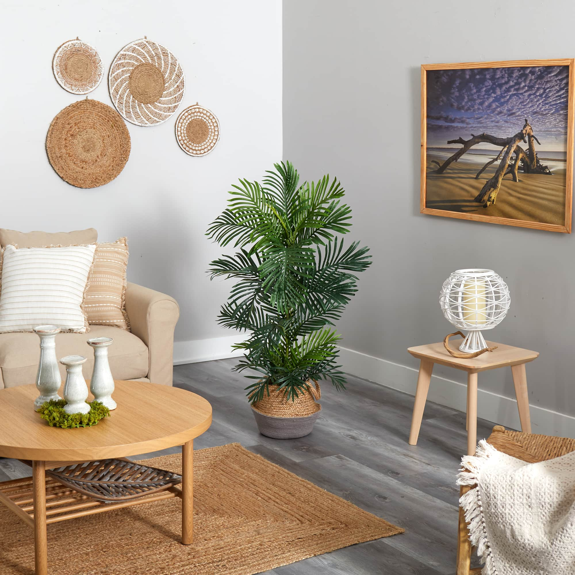 4ft. Areca Artificial Palm Tree in Boho Chic Handmade Cotton &#x26; Jute Gray Woven Planter UV Resistant (Indoor/Outdoor)