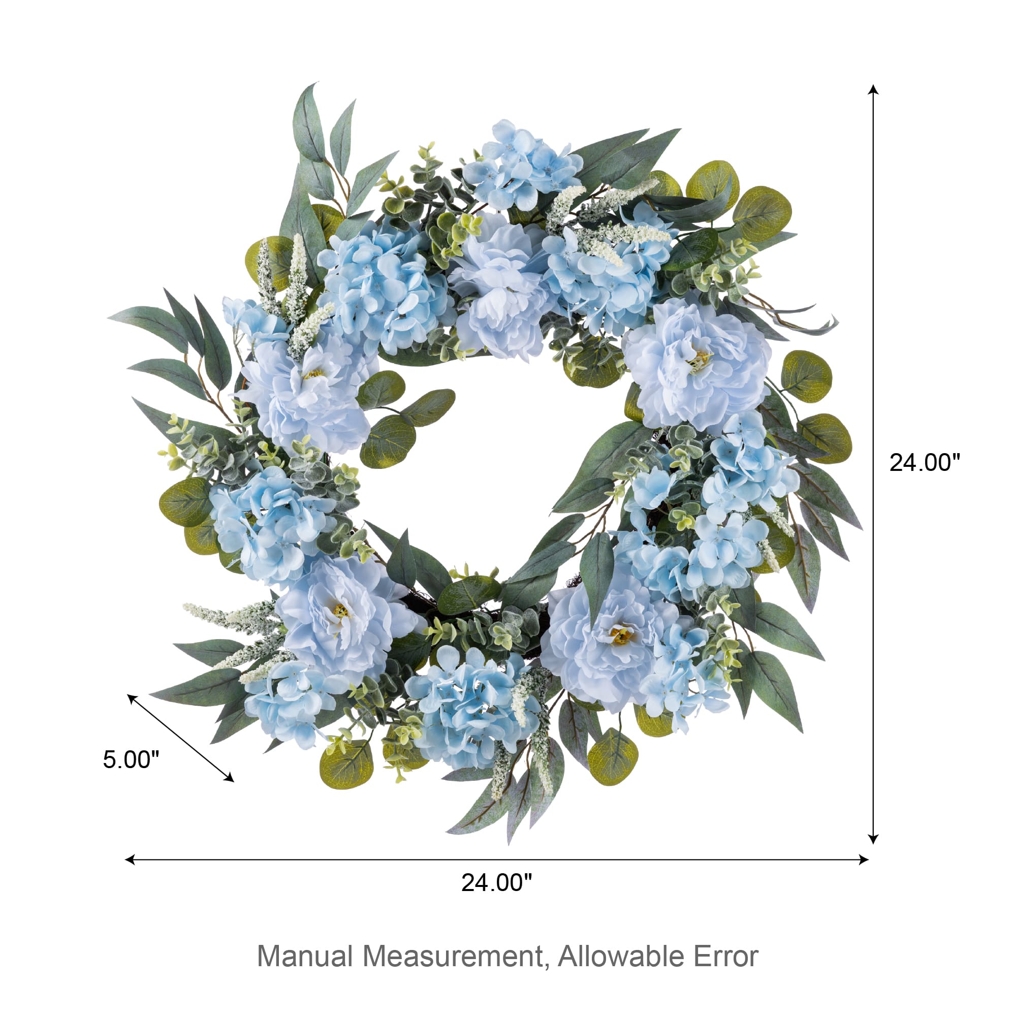 Glitzhome® 24" Blue Peony & Hydrangea Floral Wreath with Black Metal Hanger