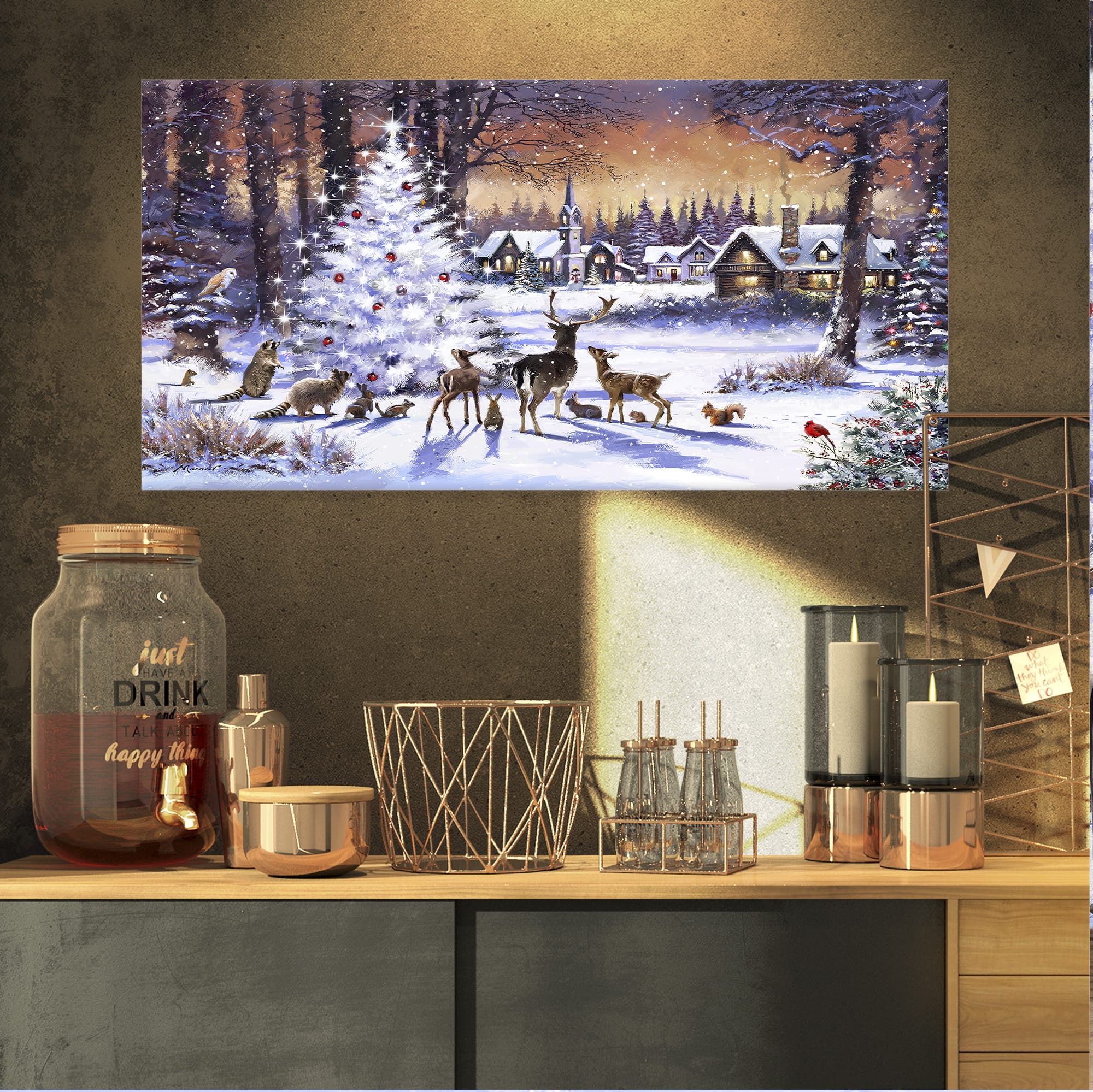Designart Christmas Woods with Deer, Buck & Owl Canvas Art