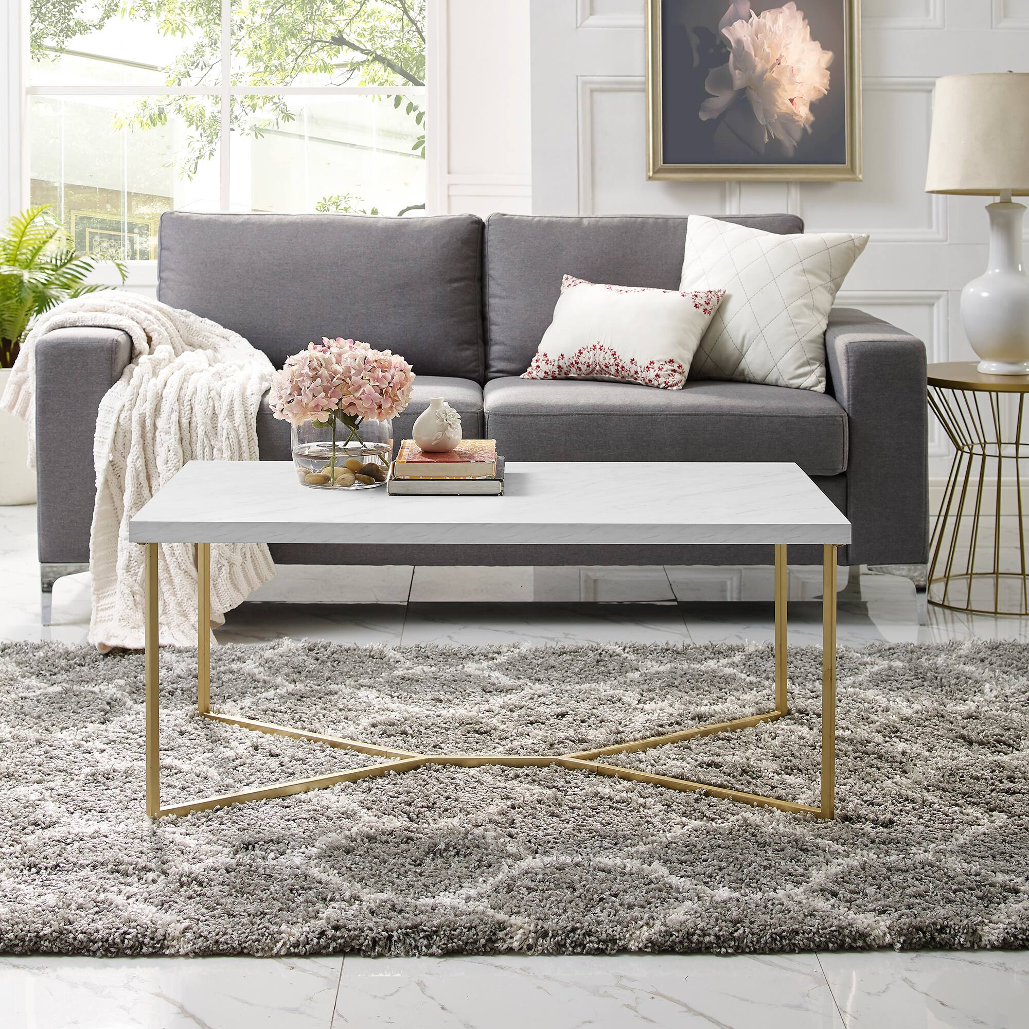 Luxe 42" Faux White Marble & Gold Y Leg Modern Glam Coffee Table