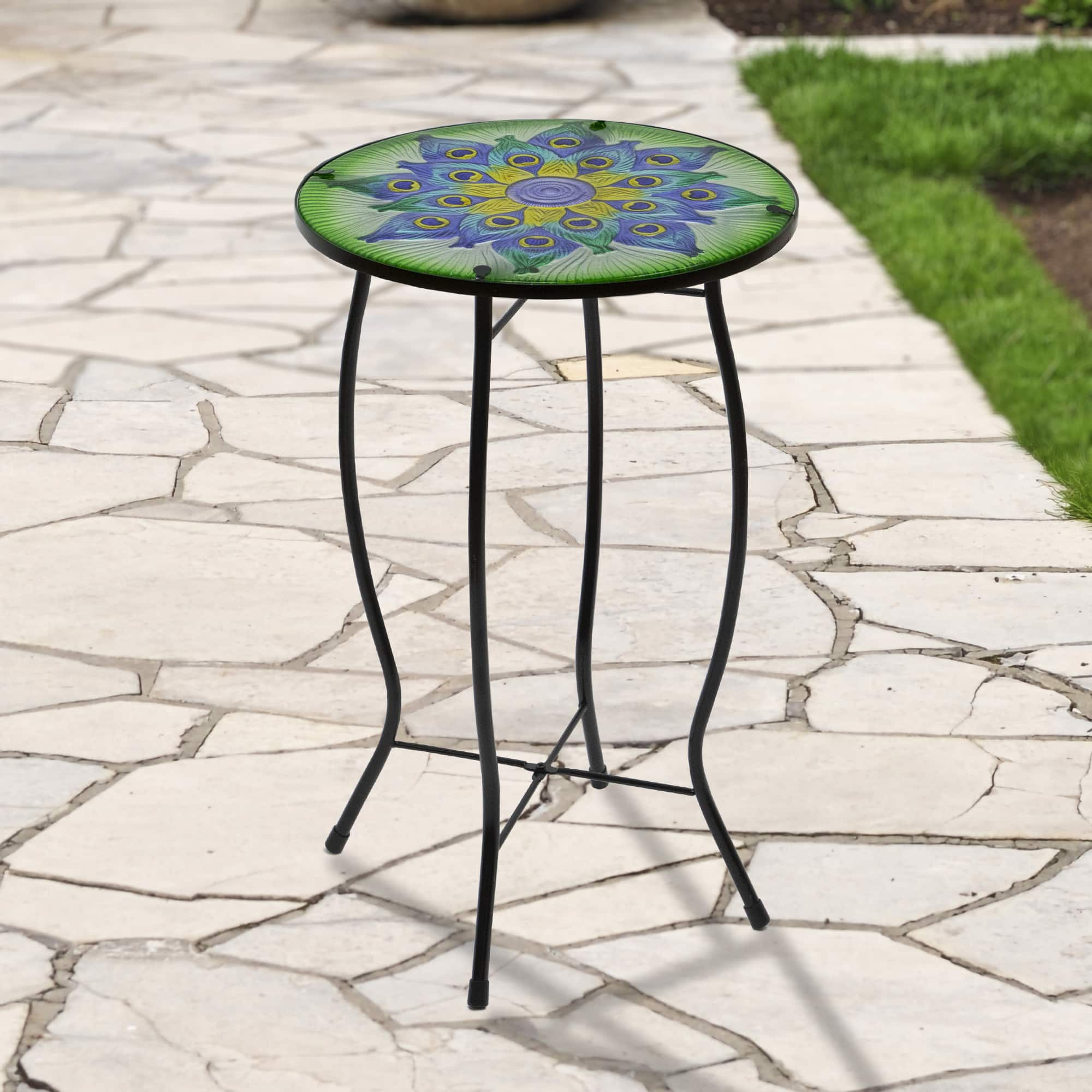 19&#x22; Green &#x26; Blue Peacock Flower Tail Glass Patio Side Table