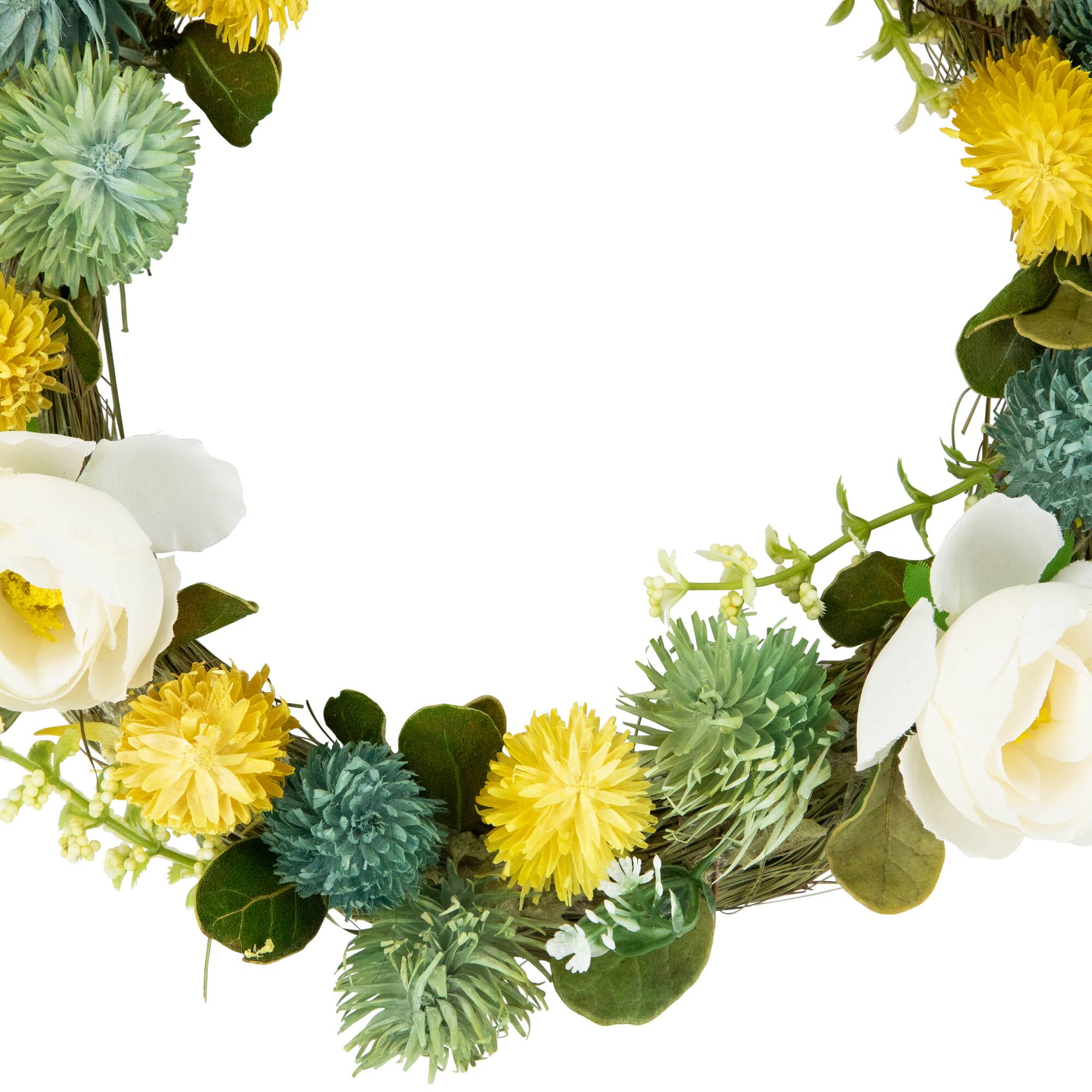 9" Cream Rose, Green & Yellow Thistle Hanging Spring Wreath