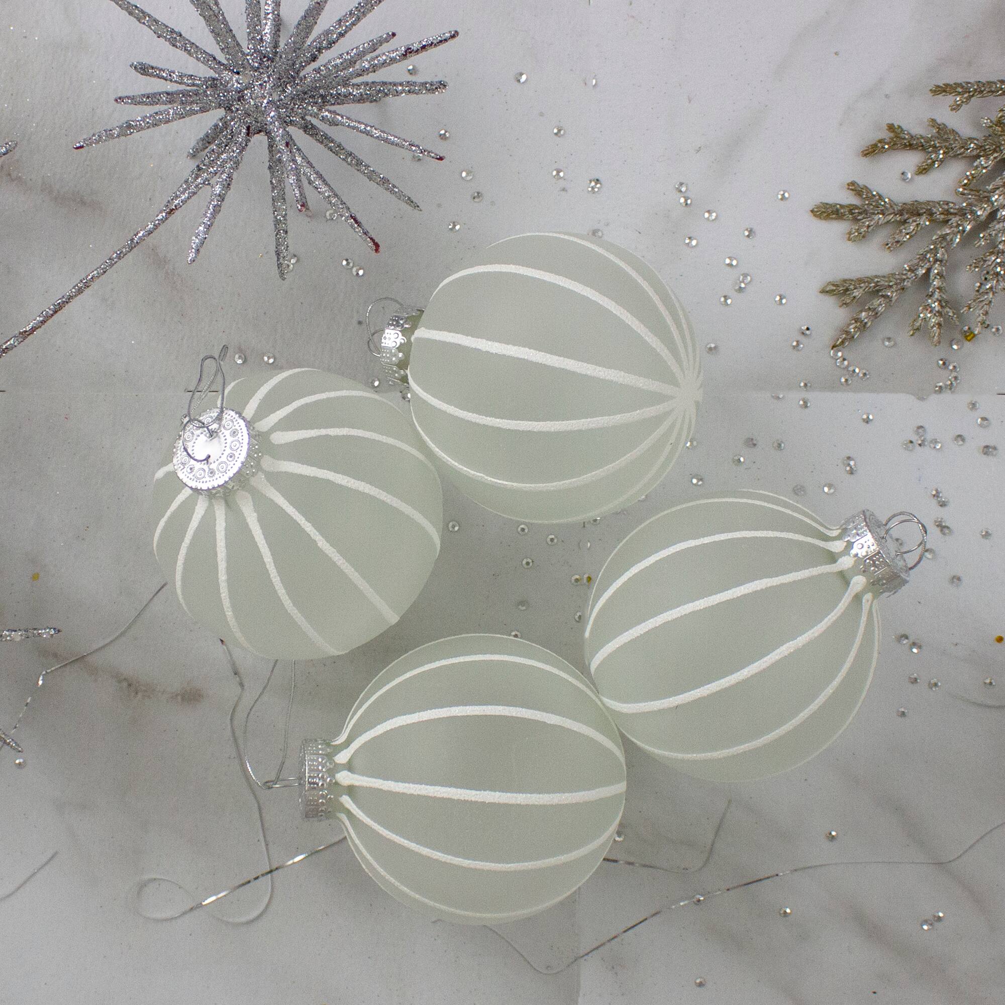 4ct. 3.5" Frosted Glitter White Striped Glass Ball Ornaments