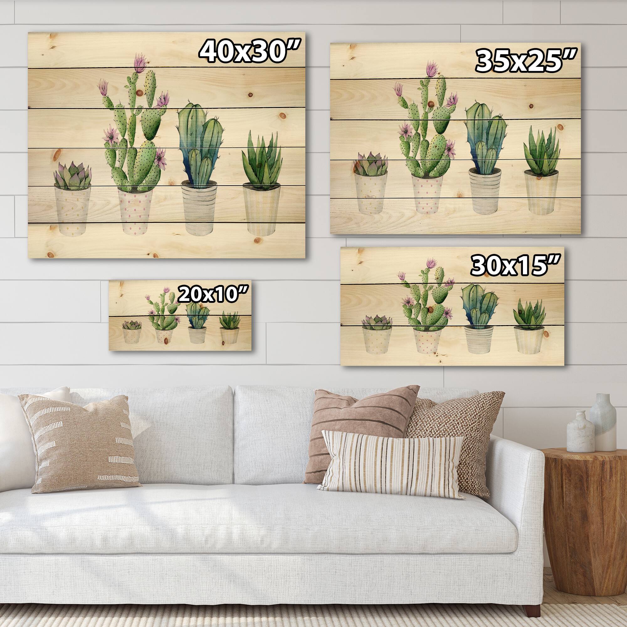 Designart - Cactus Succulent Aloe Vera Home Plants In The Pots - Botanical Print on Natural Pine Wood