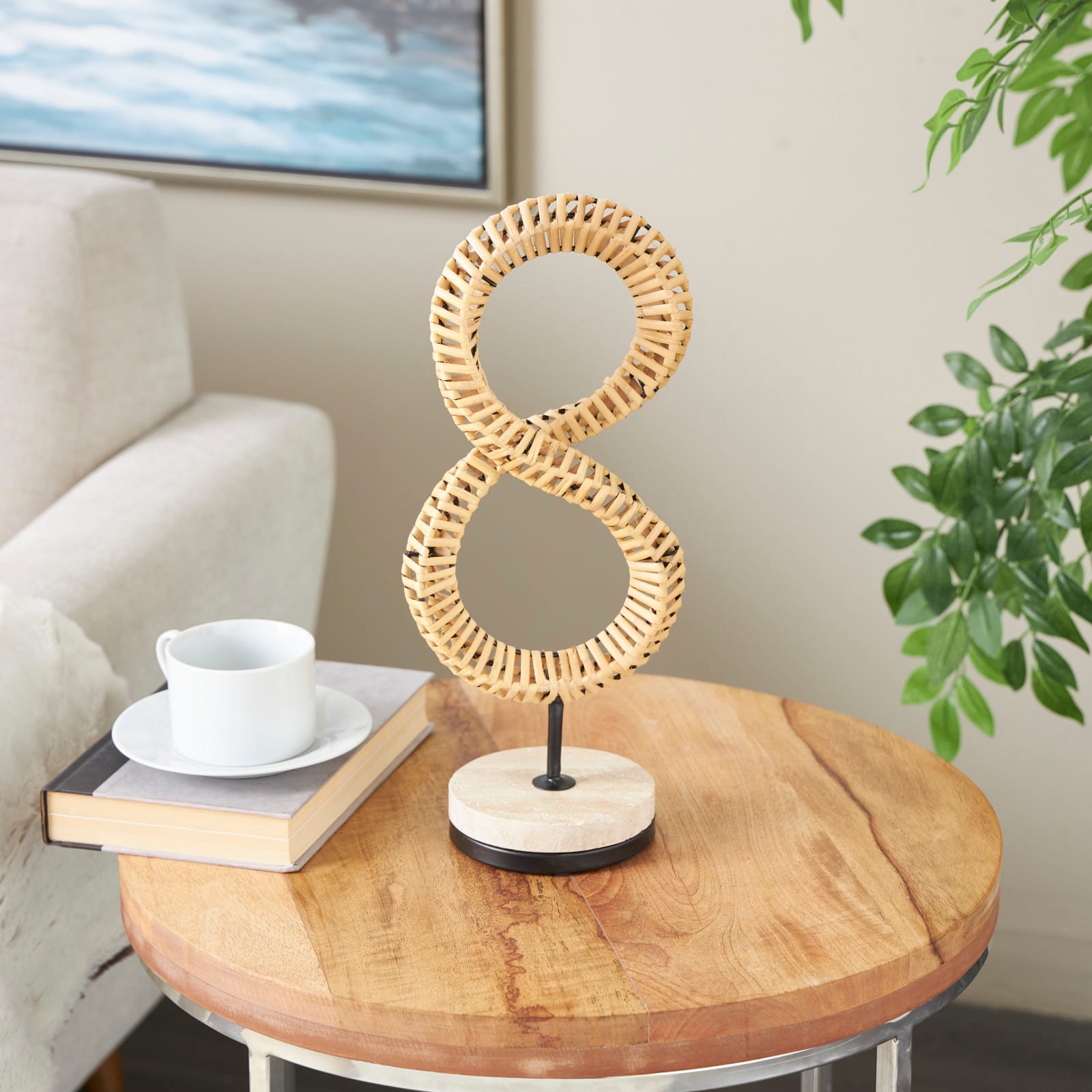 15" Brown Rattan Infinity Sculpture with White Marble Base