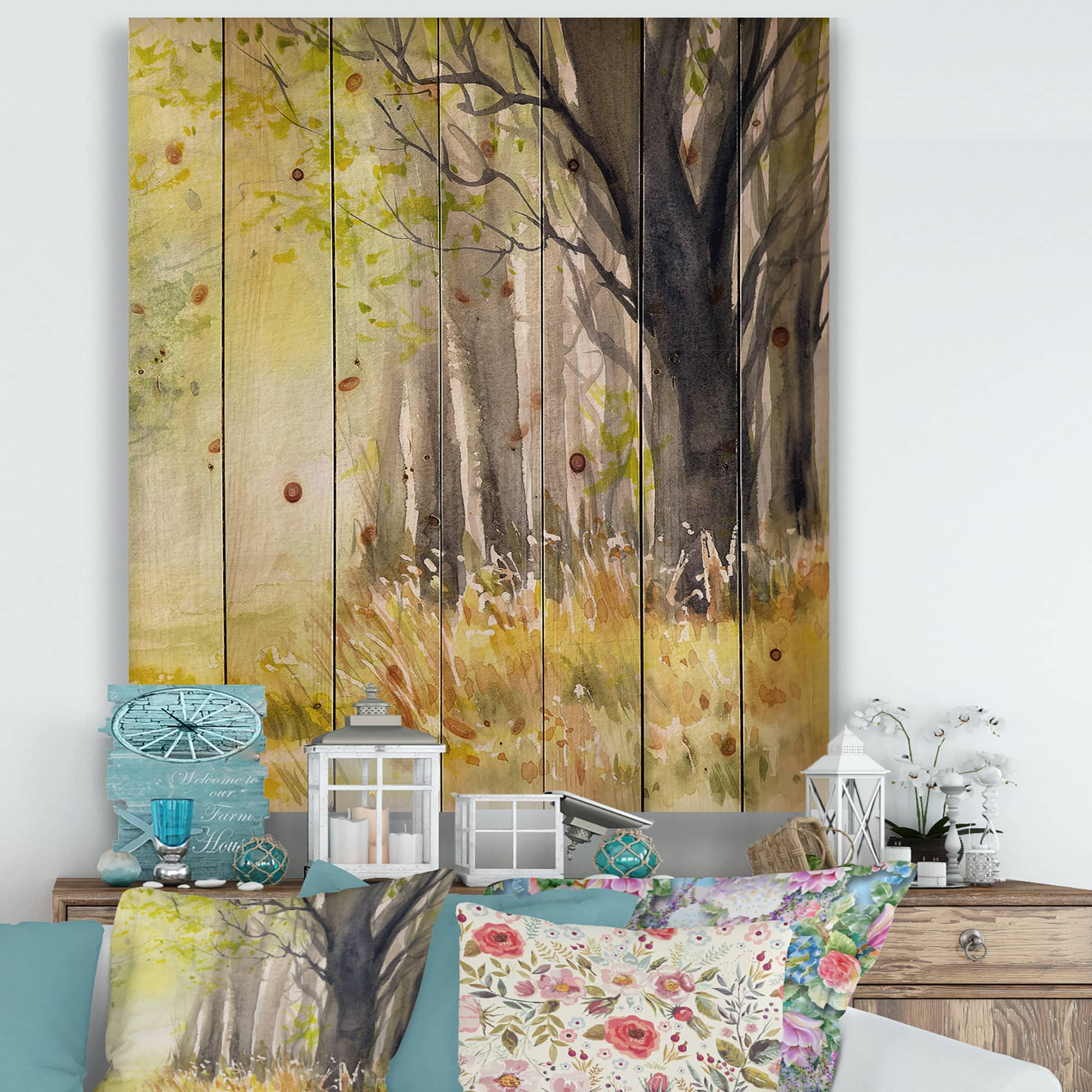 Designart - Bright Sunshine Through The Forest Trees II - Traditional Print on Natural Pine Wood