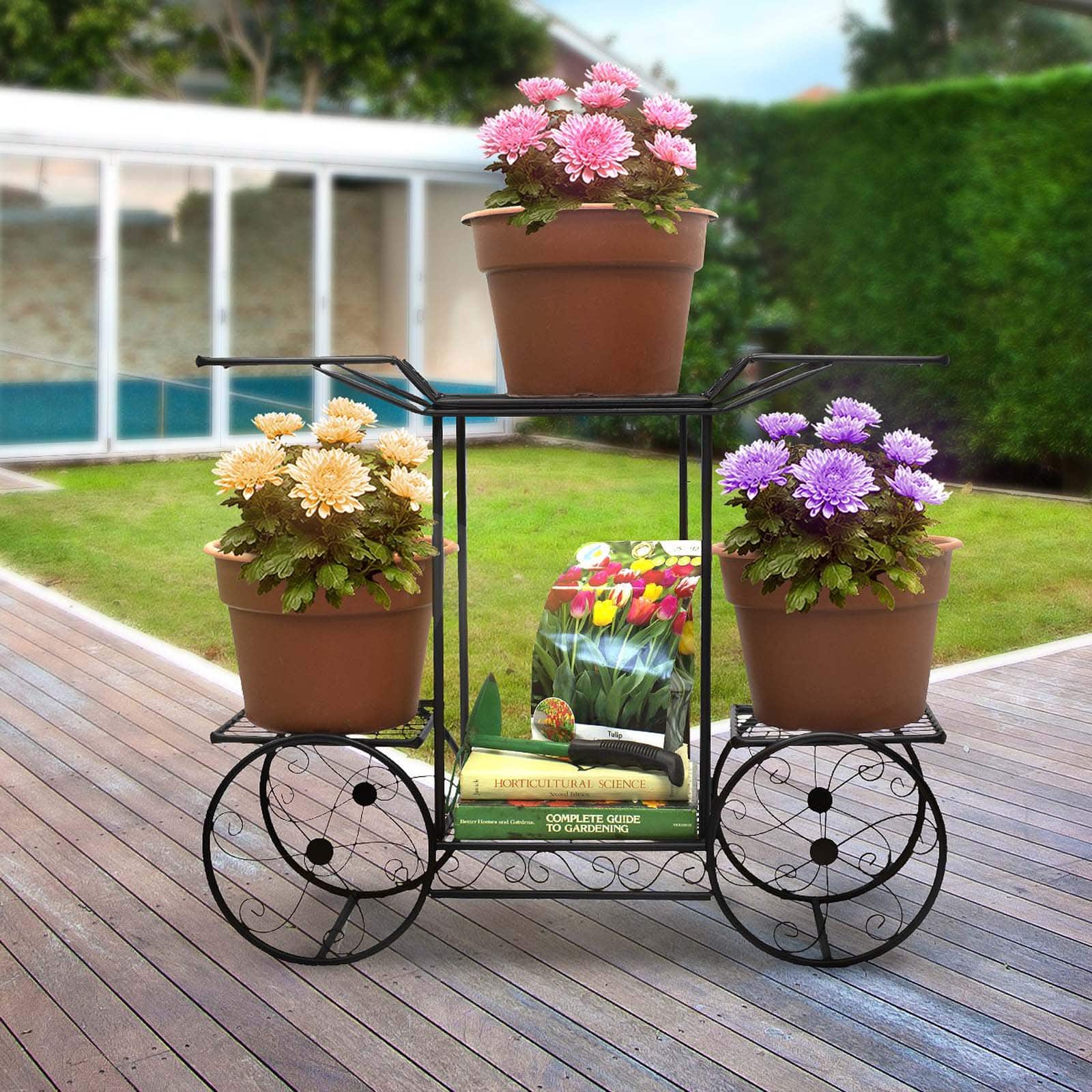 Sorbus 25.5&#x22; Black Cart Stand Pot Plant Holder