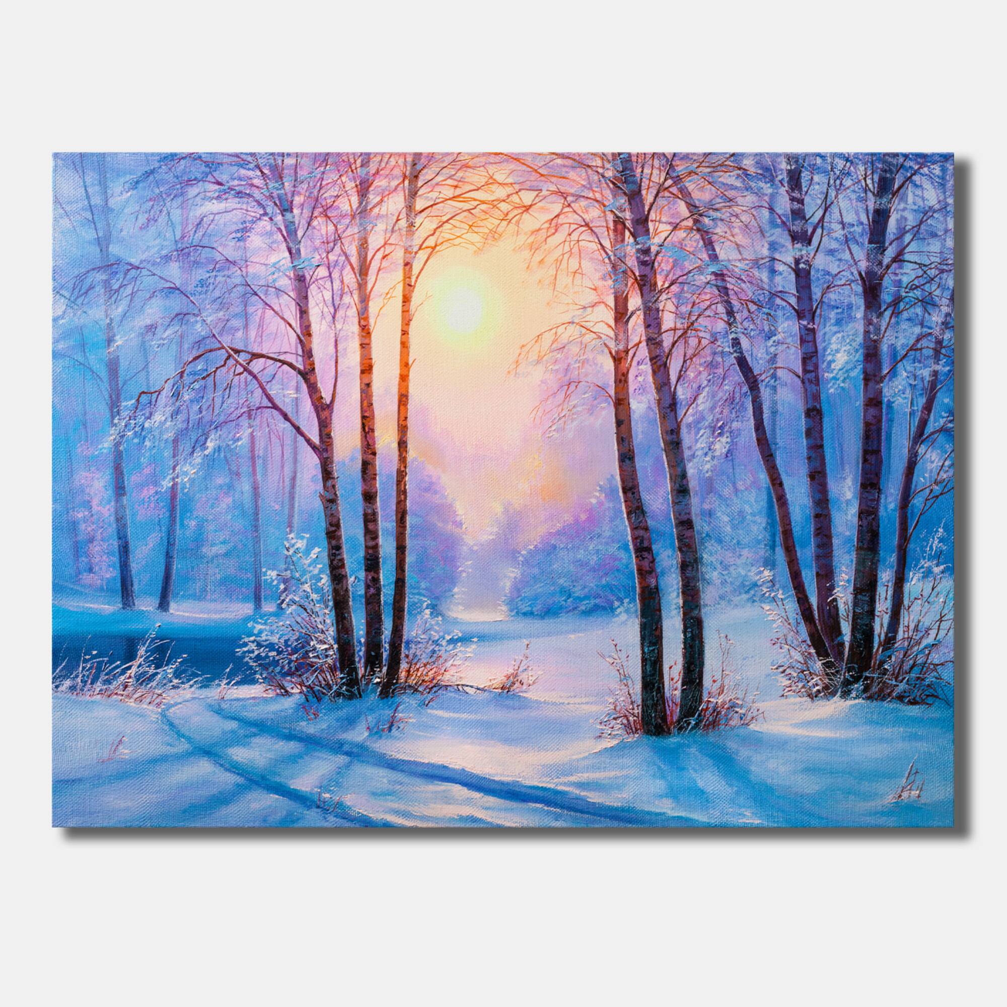 Designart - Warm Sunshine Reflection Over Winter Forest River III - Farmhouse Canvas Wall Art Print