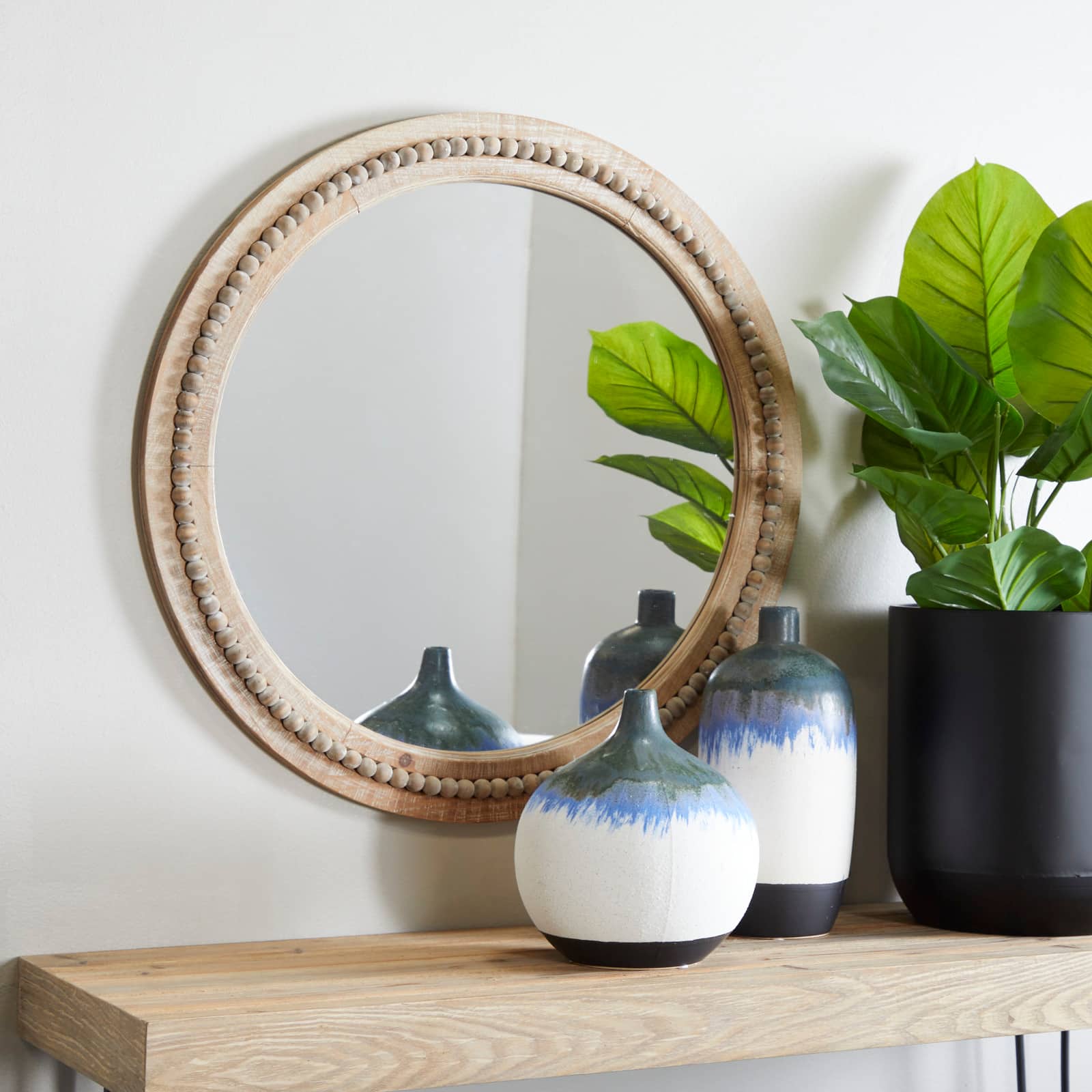 Brown Wood Beaded Frame Wall Mirror with Distressing 28" x 2" x 28"