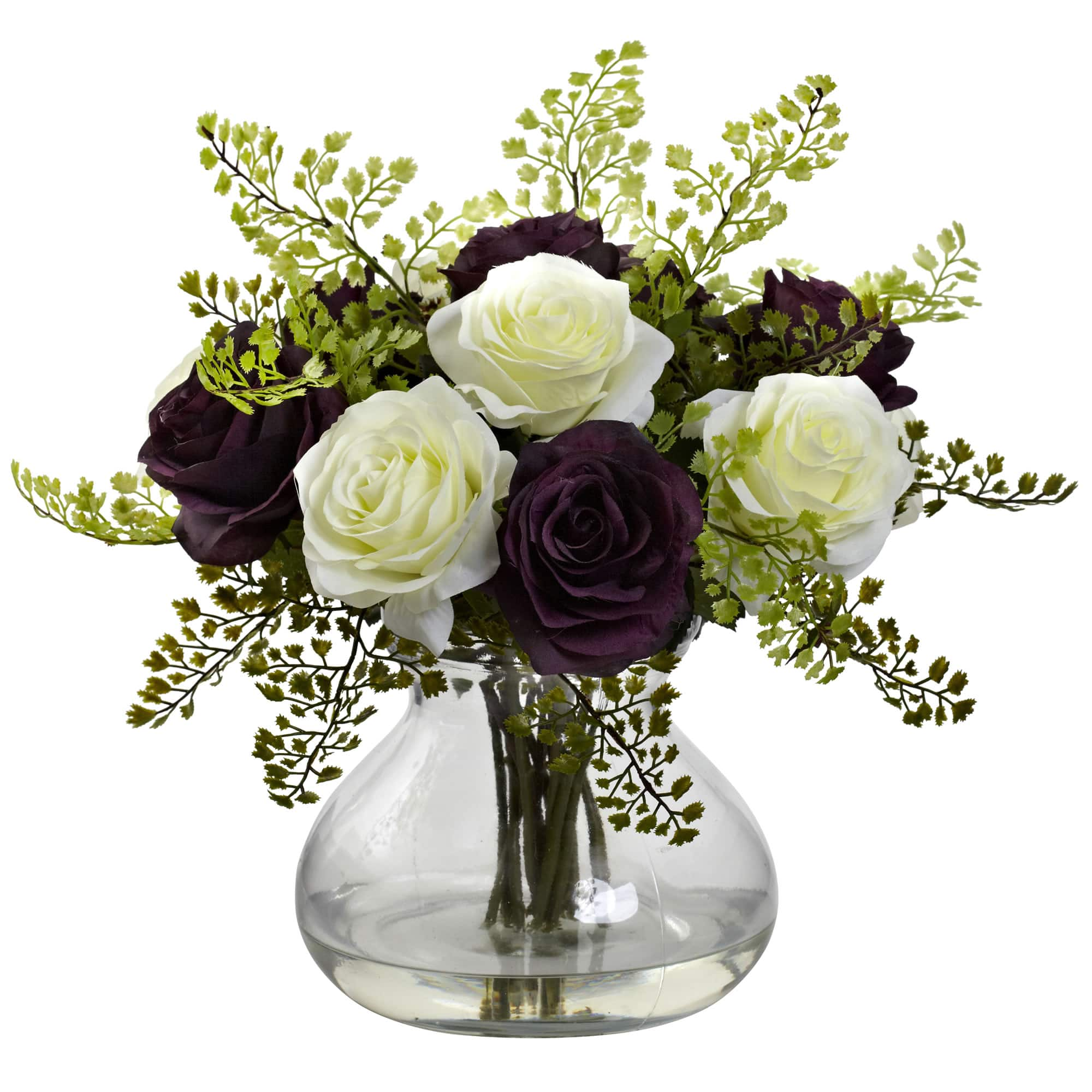 14&#x22; Dark Purple &#x26; White Rose with Maidenhair Floral Arrangement in Vase