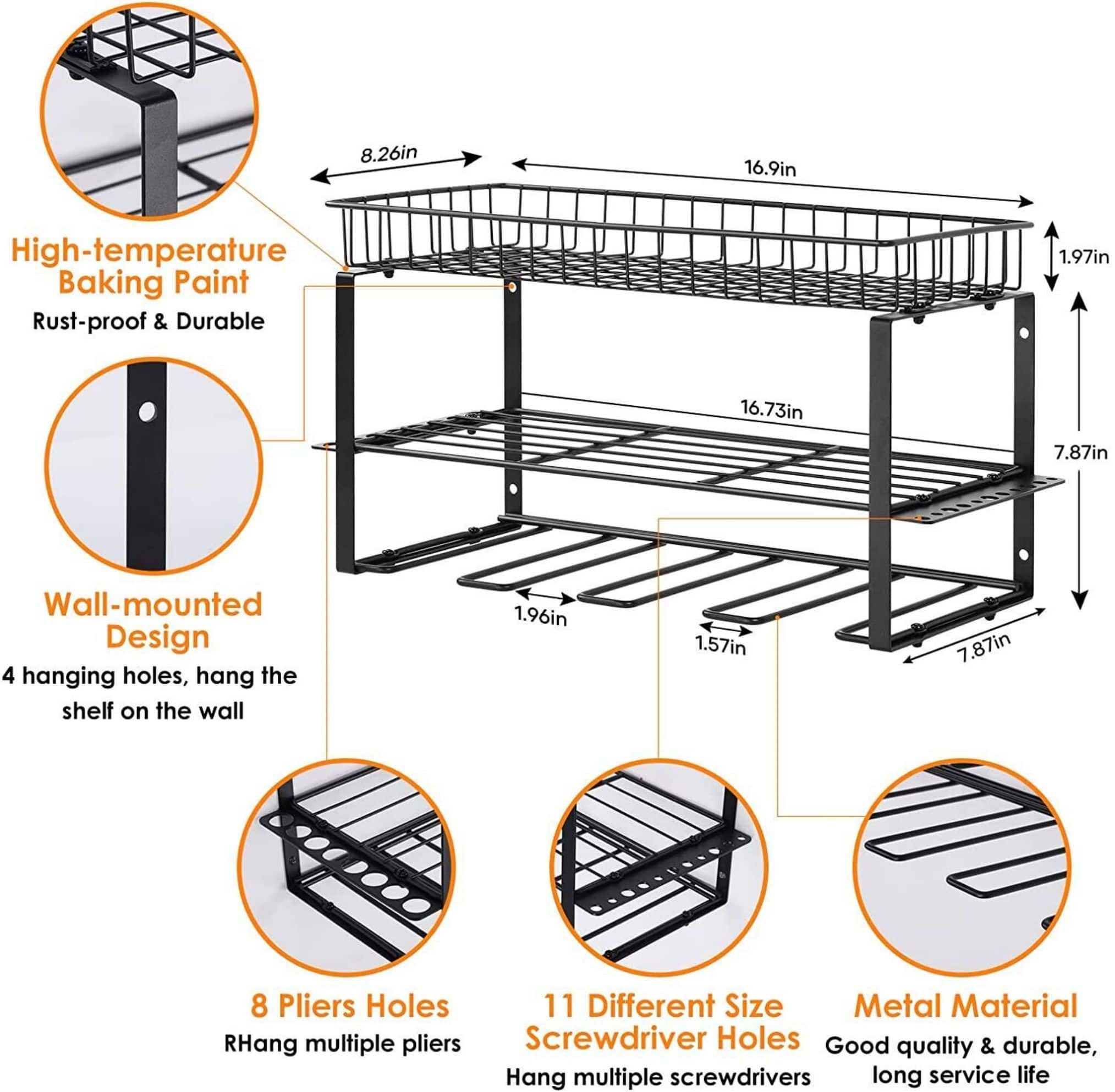 NEX™ 17" Black Wall-Mounted Power Tool Storage Rack with Basket