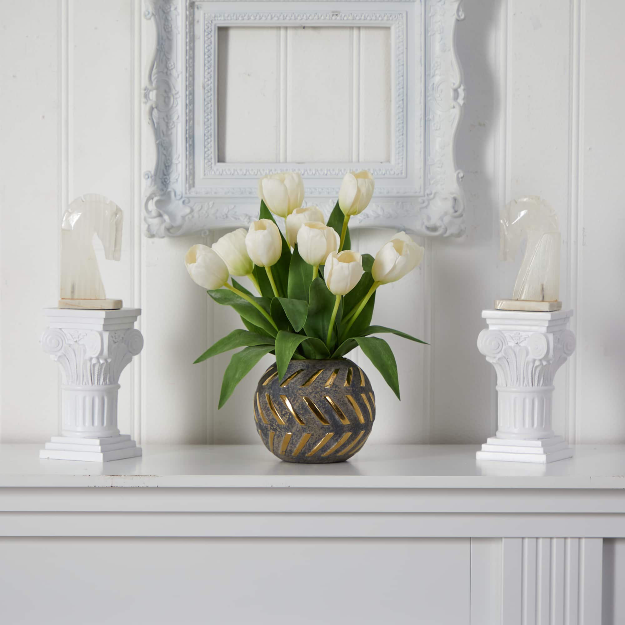 15" White Tulip Arrangement in Decorative Ceramic Vase
