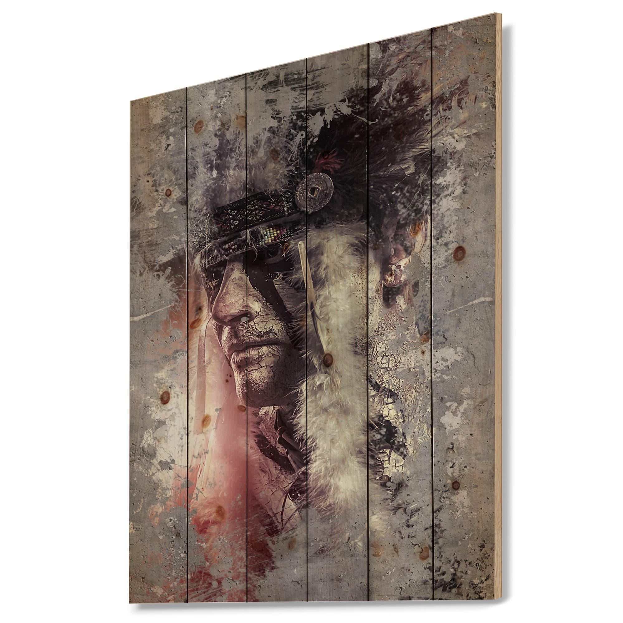 Designart - Native American Indian Warrior - Abstract Portrait Print on Natural Pine Wood