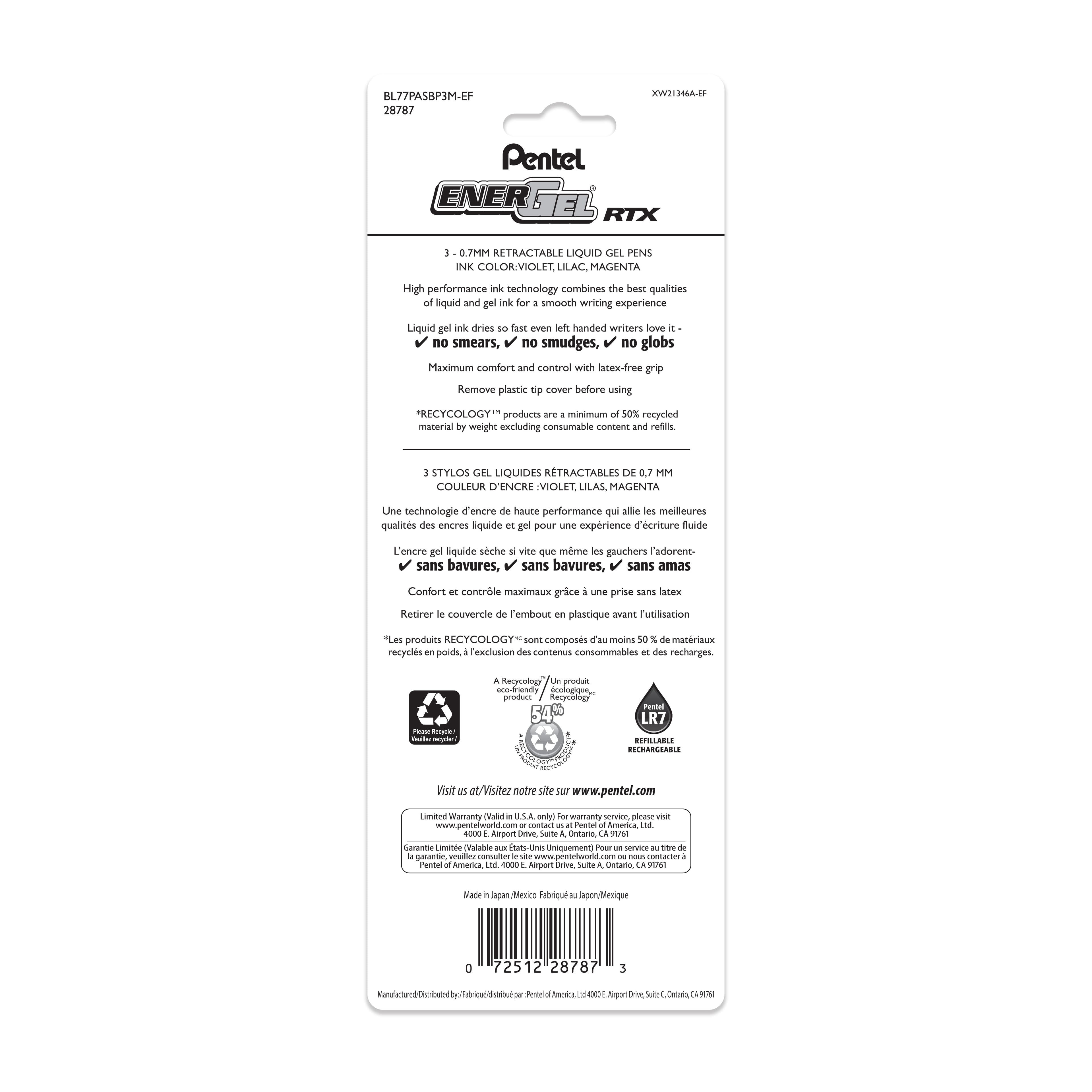 Pentel&#xAE; EnerGel RTX 0.7mm Retractable Liquid Gel Pens, 3ct.