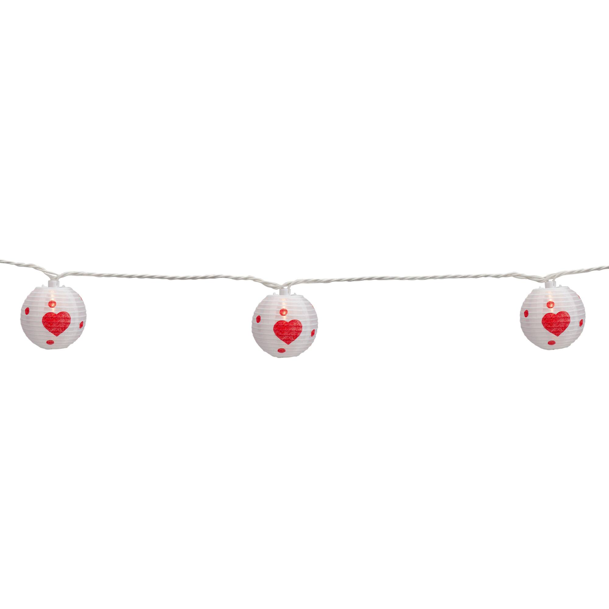 10-Count White and Red Heart Paper Lantern Valentine&#x27;s Day Lights 8.5ft White Wire