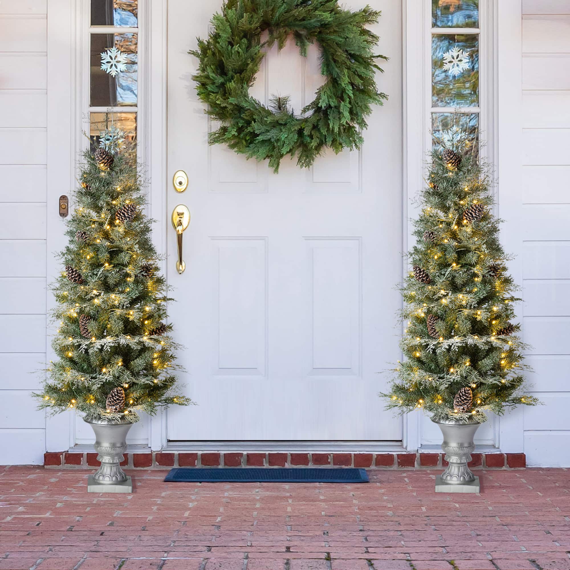 2 Pack 5ft. Pre-Lit Pine Artificial Christmas Porch Tree, Warm White LED Lights
