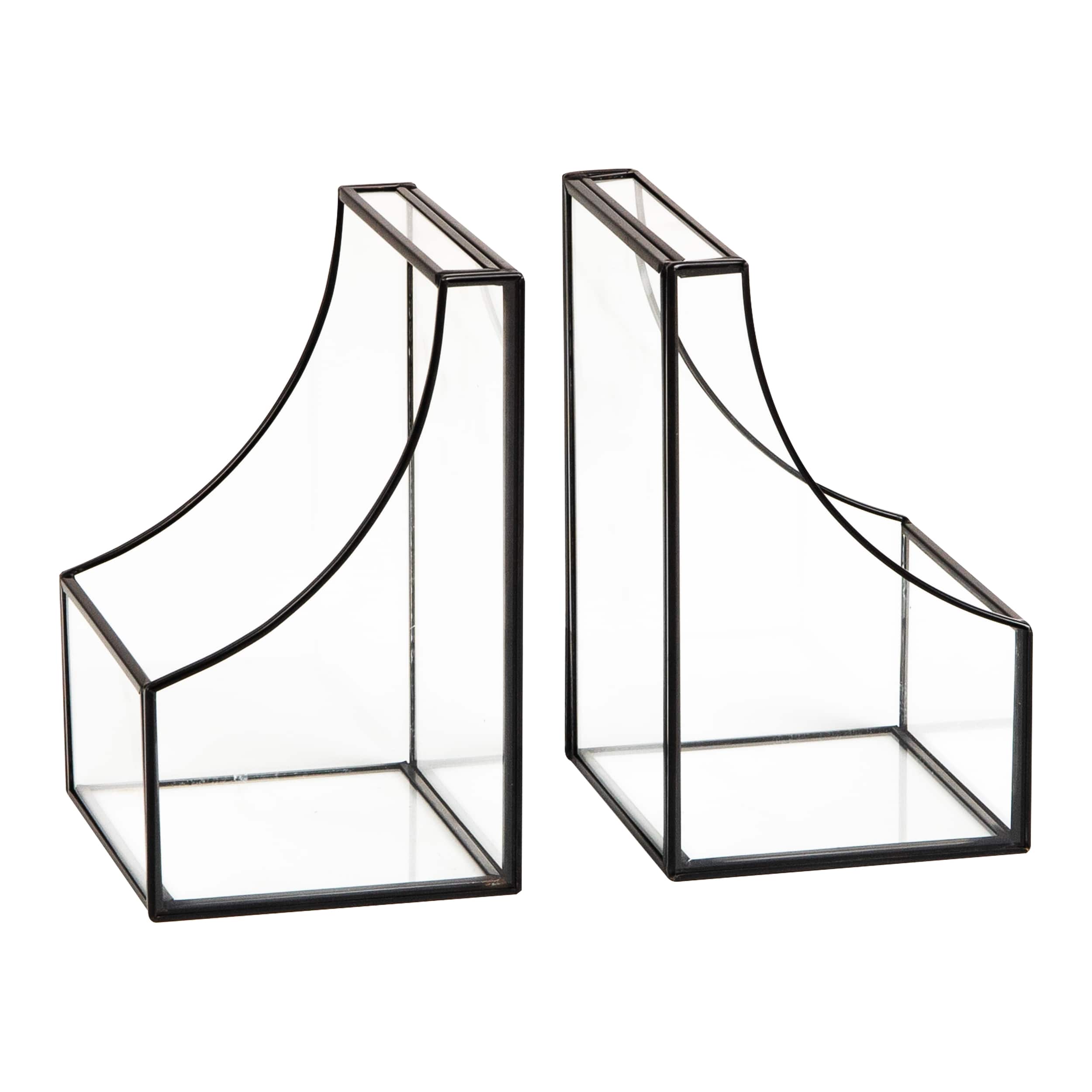 Mind Reader Terrarium Bookends, Decorative Book Holders with Storage, Modern Organizer for Desk or Shelf, Glass, Metal, Set of 2, Black
