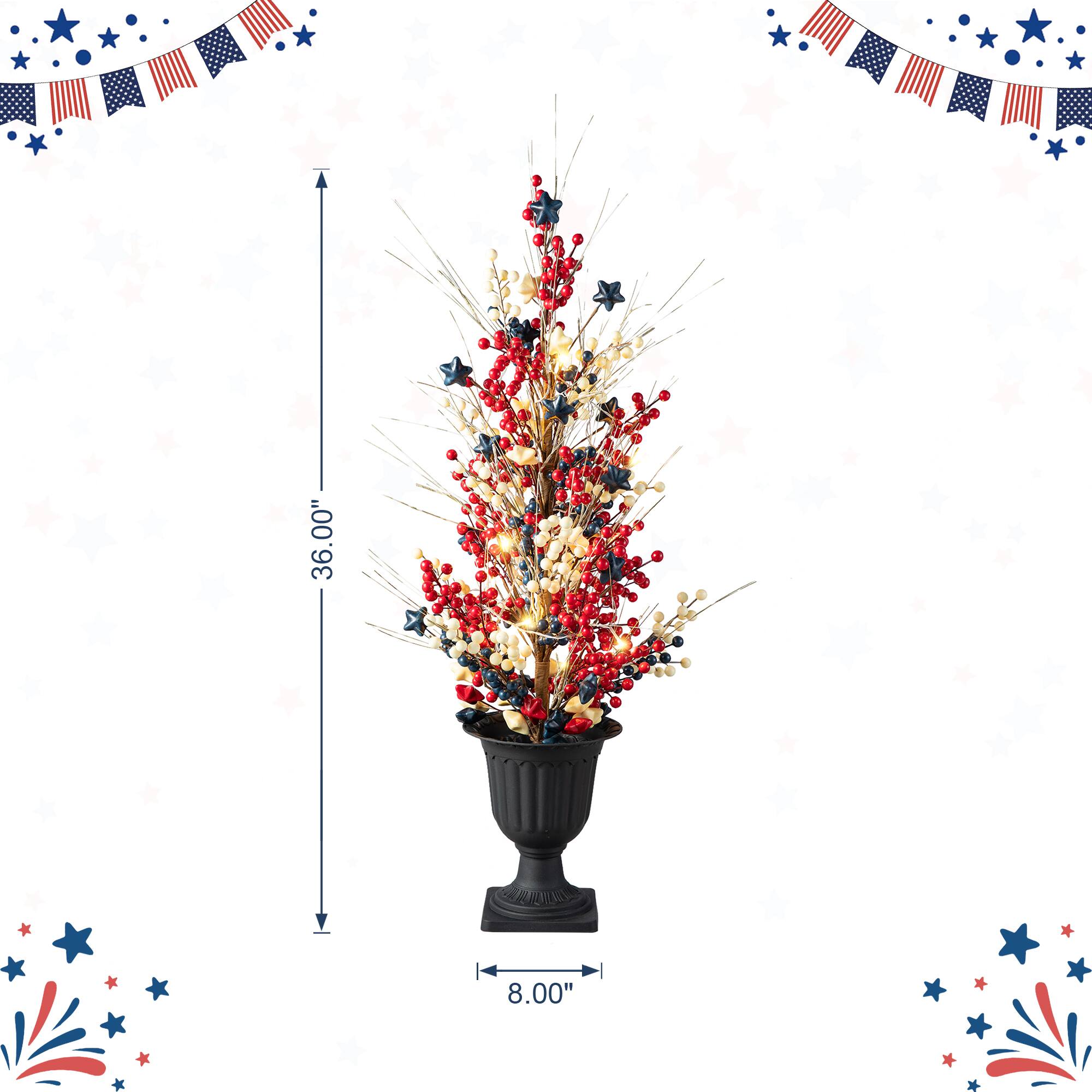 Glitzhome® 36" Lighted Patriotic Americana Berry & Stars Urn Porch Tree