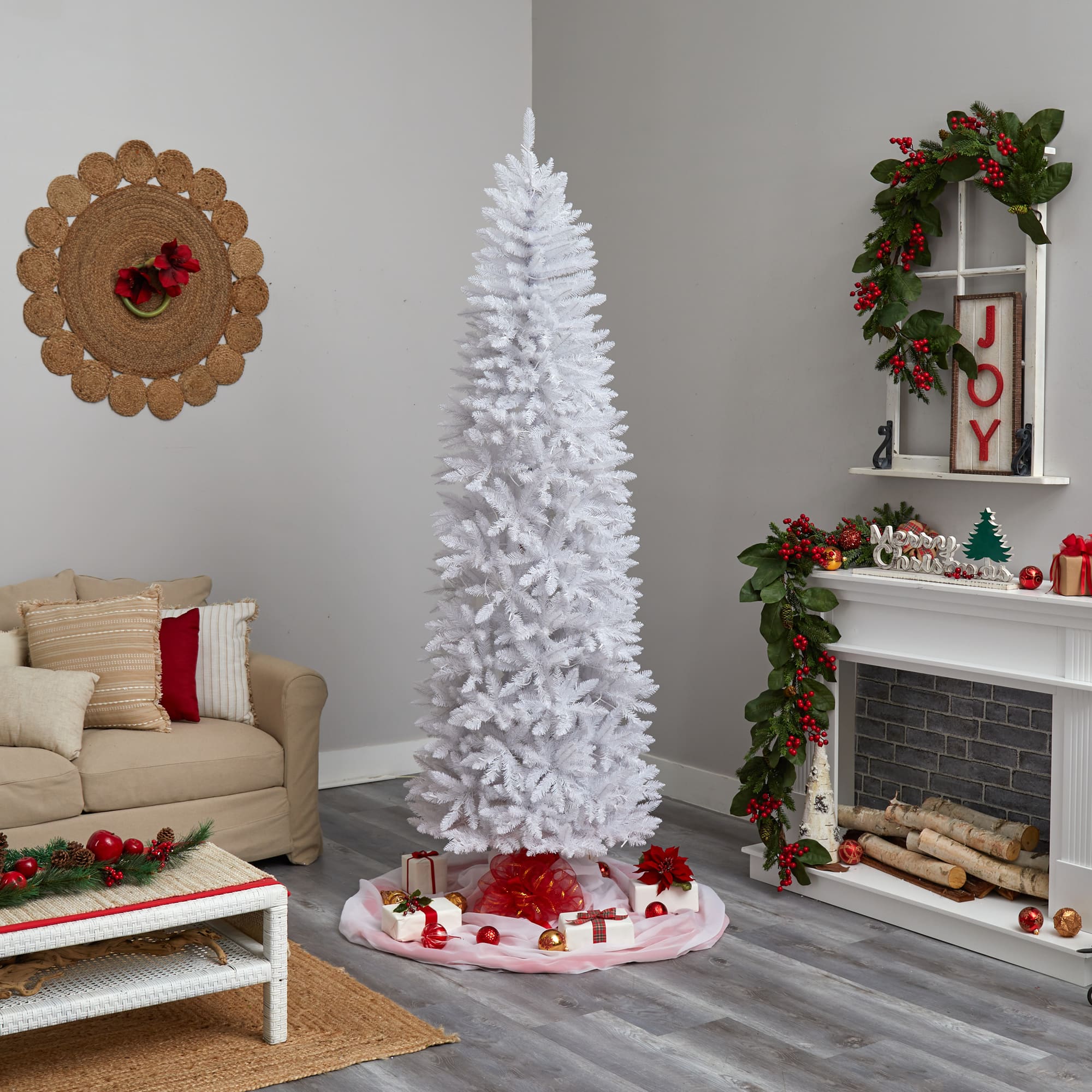 ANGELES HOME 8 ft. White Pre-Lit Hinged Artificial Christmas Tree