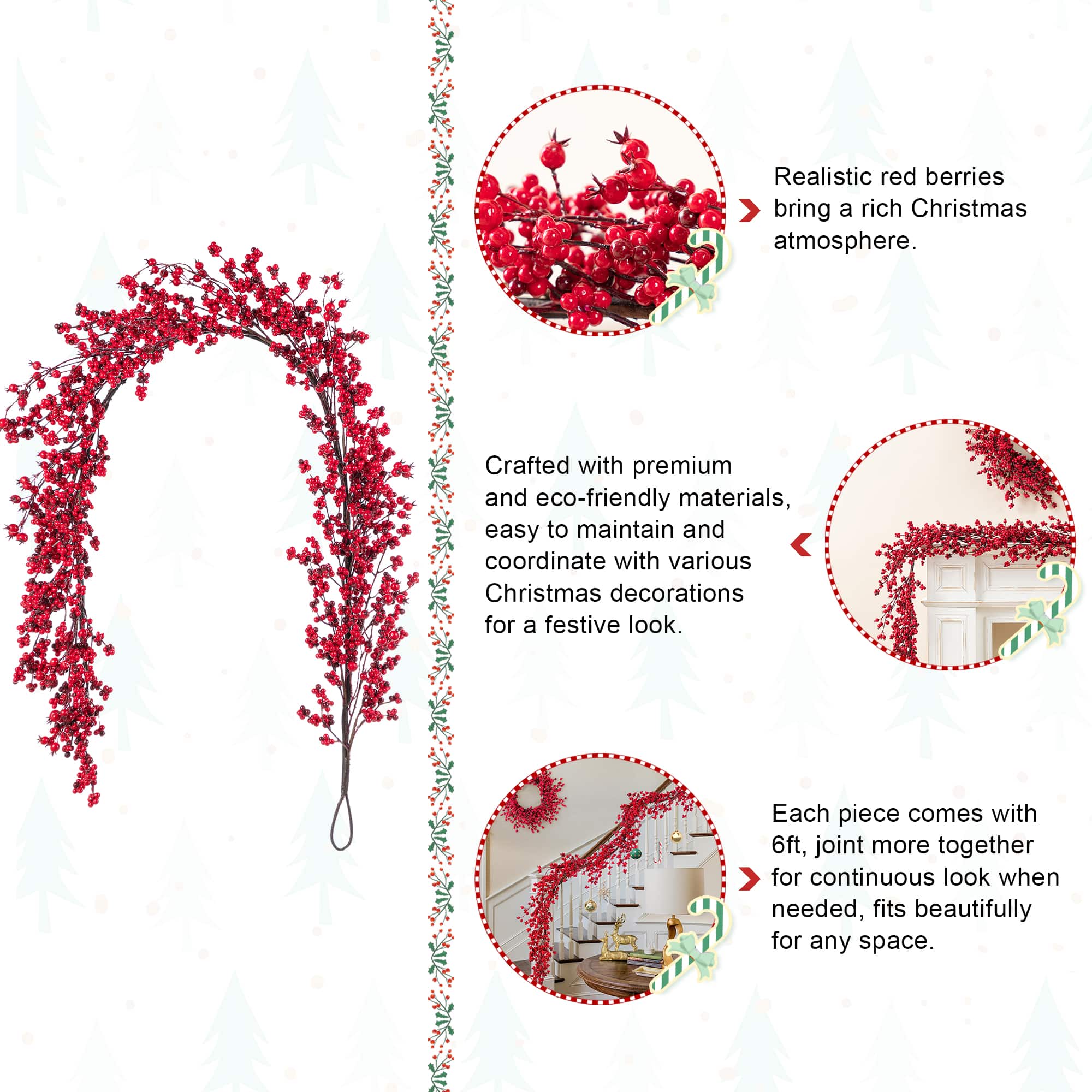 Glitzhome&#xAE; 6ft Christmas Red Berries Garland